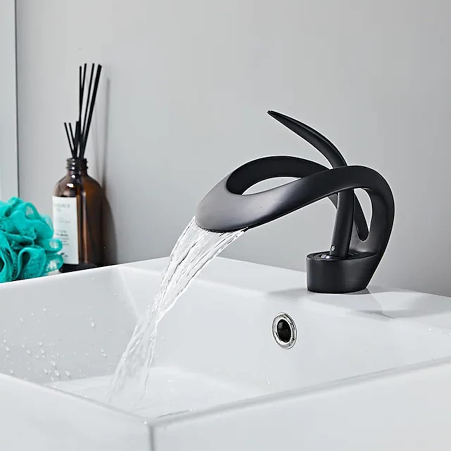 Bathroom Faucet,Brass Waterfall Widespread Single Handle One Hole Bathroom Tap with Hot and Cold Switch (White)
