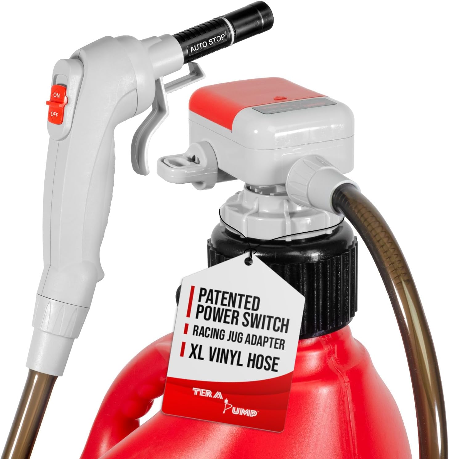 TERA PUMP 2nd Gen. Auto-Stop Gas Cap Fuel Transfer Pump XL Intake Hose (Gasoline, Diesel, Kerosene) Universal Spout Replacement for Gas Cans and Containers