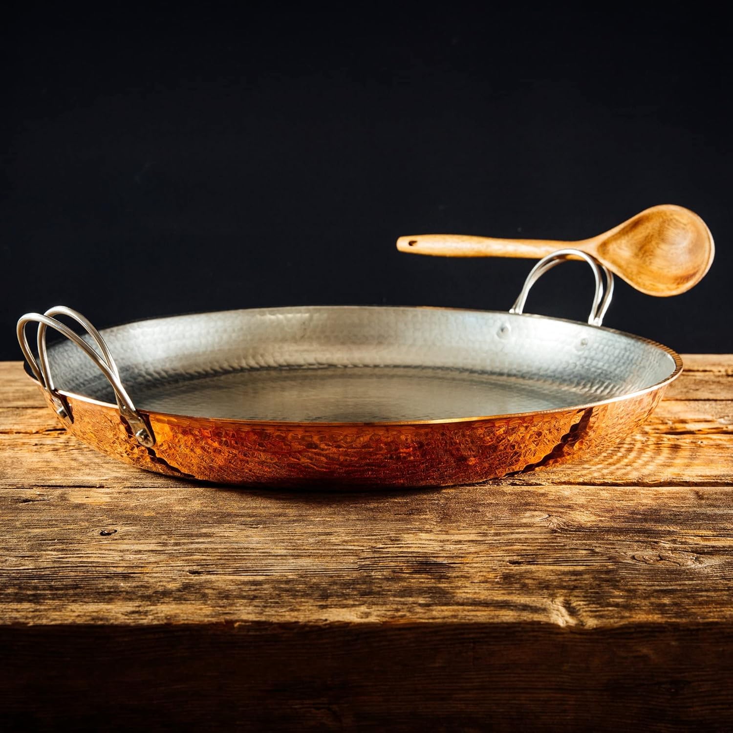 Sertodo Copper Alicante Paella Cooking Pan | 18 inch diameter | Patented Stainless Steel Handle Design| Hand Hammered, Heavy Gauge, 100% Pure Copper