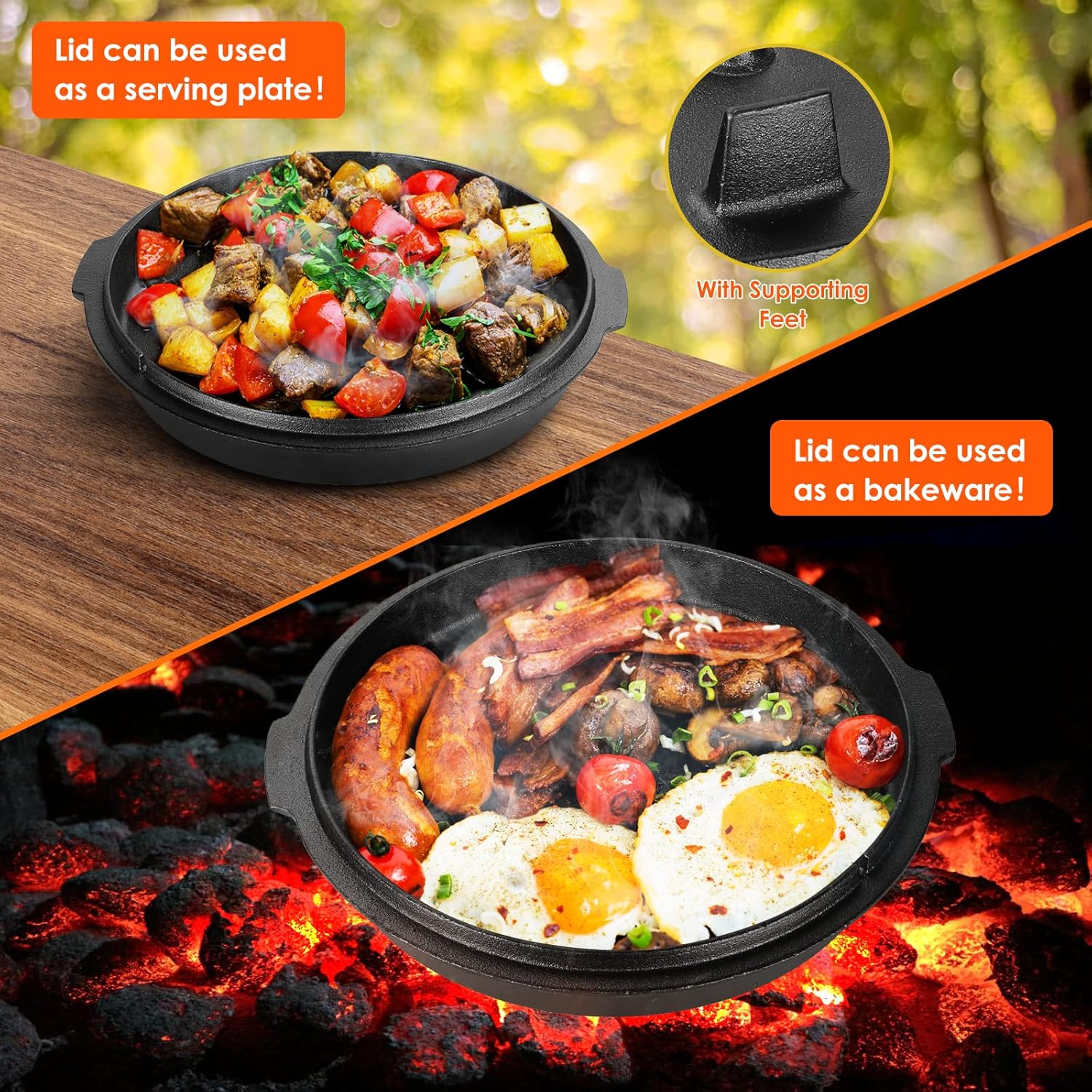 LIFERUN Dutch Oven Pot with Lid, 13.2 Quart Cast Iron Dutch oven, with Lid Lifter Handle & Stand and Dual Function Griddle for Home Cooking BBQ Baking, black