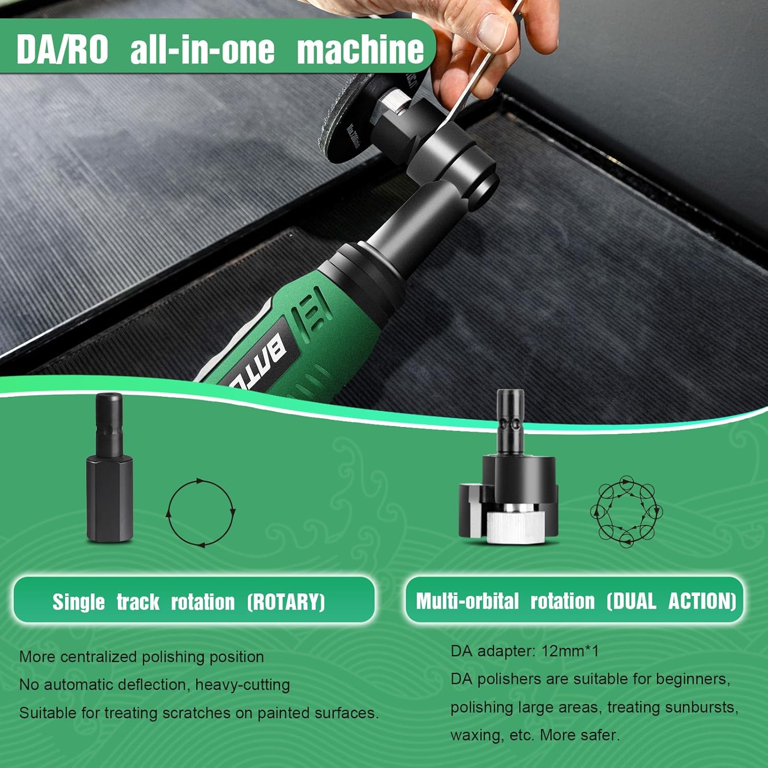 BATOCA S6 Micro Cordless Polisher for Car Detailing, 2x2.0Ah Batteries, 0mm Rotary Buffer, 12mm Dual Action Polisher 1 and 3 Inch with 6 Speeds 1000-5000 RPM for Car Polishing, Sanding Motorcycle