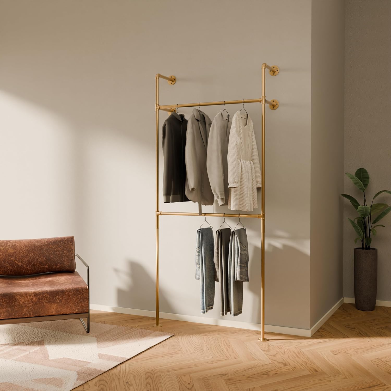 pamo Industrial Pipe Clothing Rack Gold - 400 lbs Capacity - Wall Mounted Clothes Rack and Walk In Closet for Wardrobe