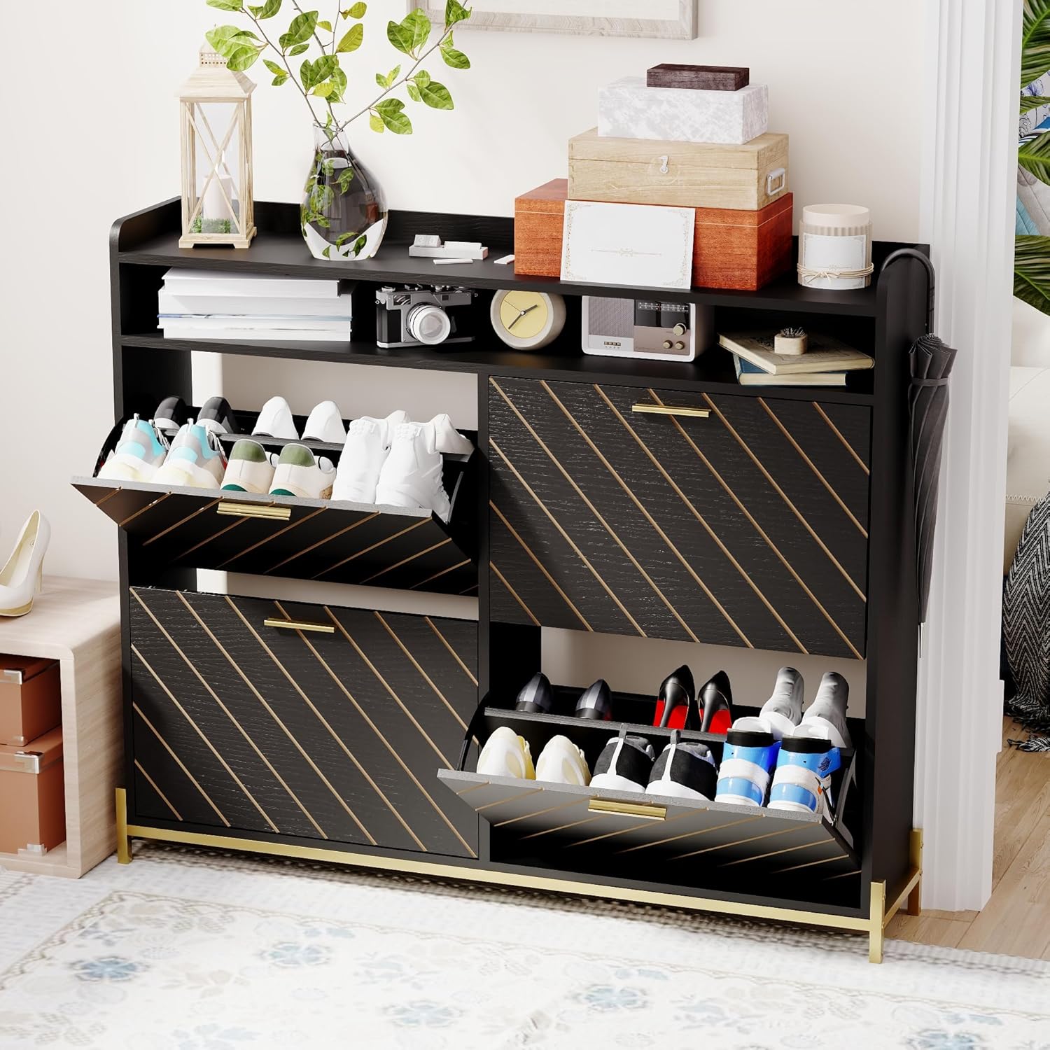 KEIKI Shoe Storage Cabinet with 3 Flip Drawers & Open Shelves, Narrow Shoe Cabinet for Entryway Slim, Farmhouse Shoe Cabinet Freestanding Entry Shoe Rack Cabinet, Wood Shoe Organizer, Black