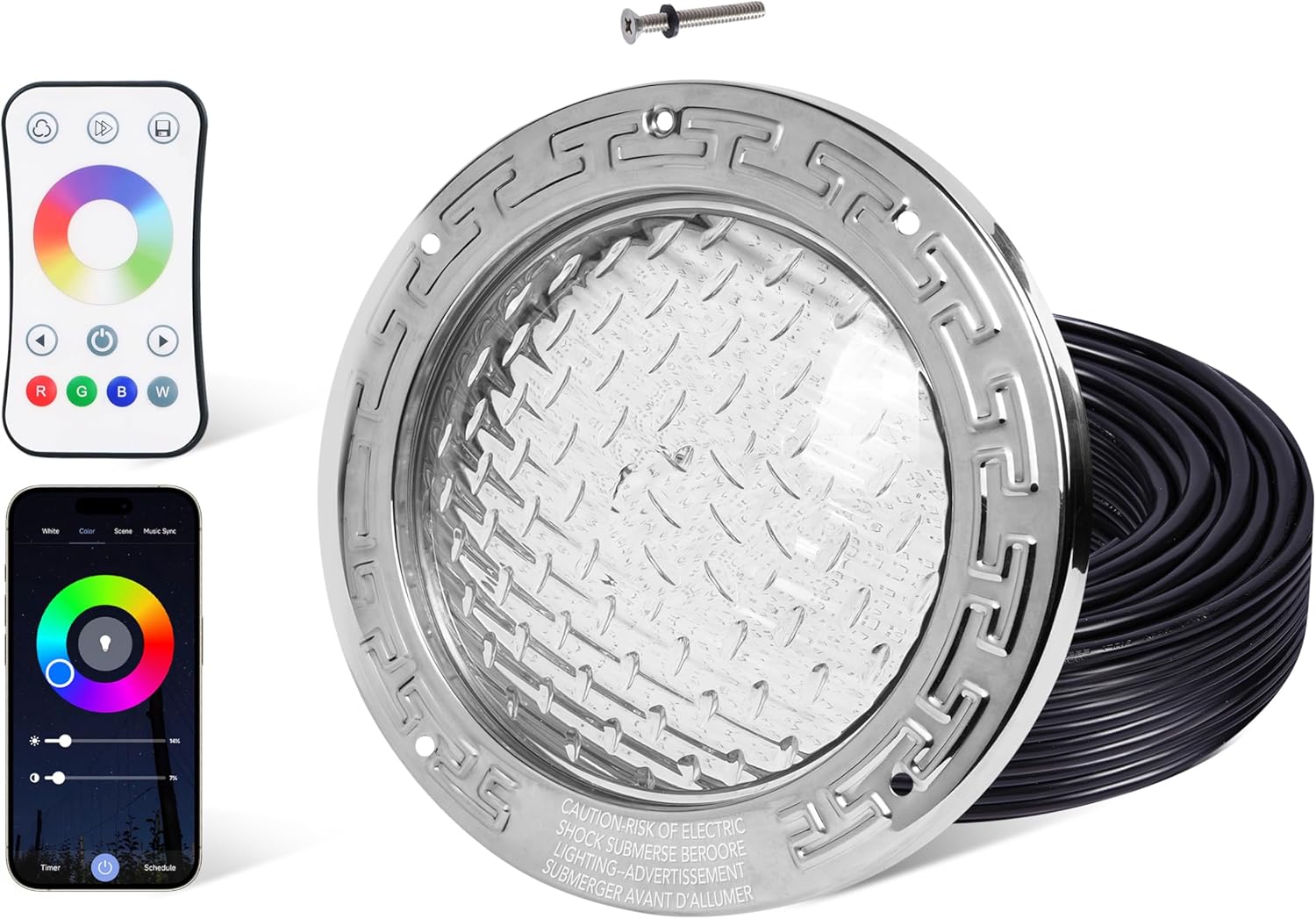 HQUA PN01DC LED Inground Pool Lighting System RGBW Color Change 10 Inch 50W, Remote/App Control, 120V AC, 100 Feet Cord