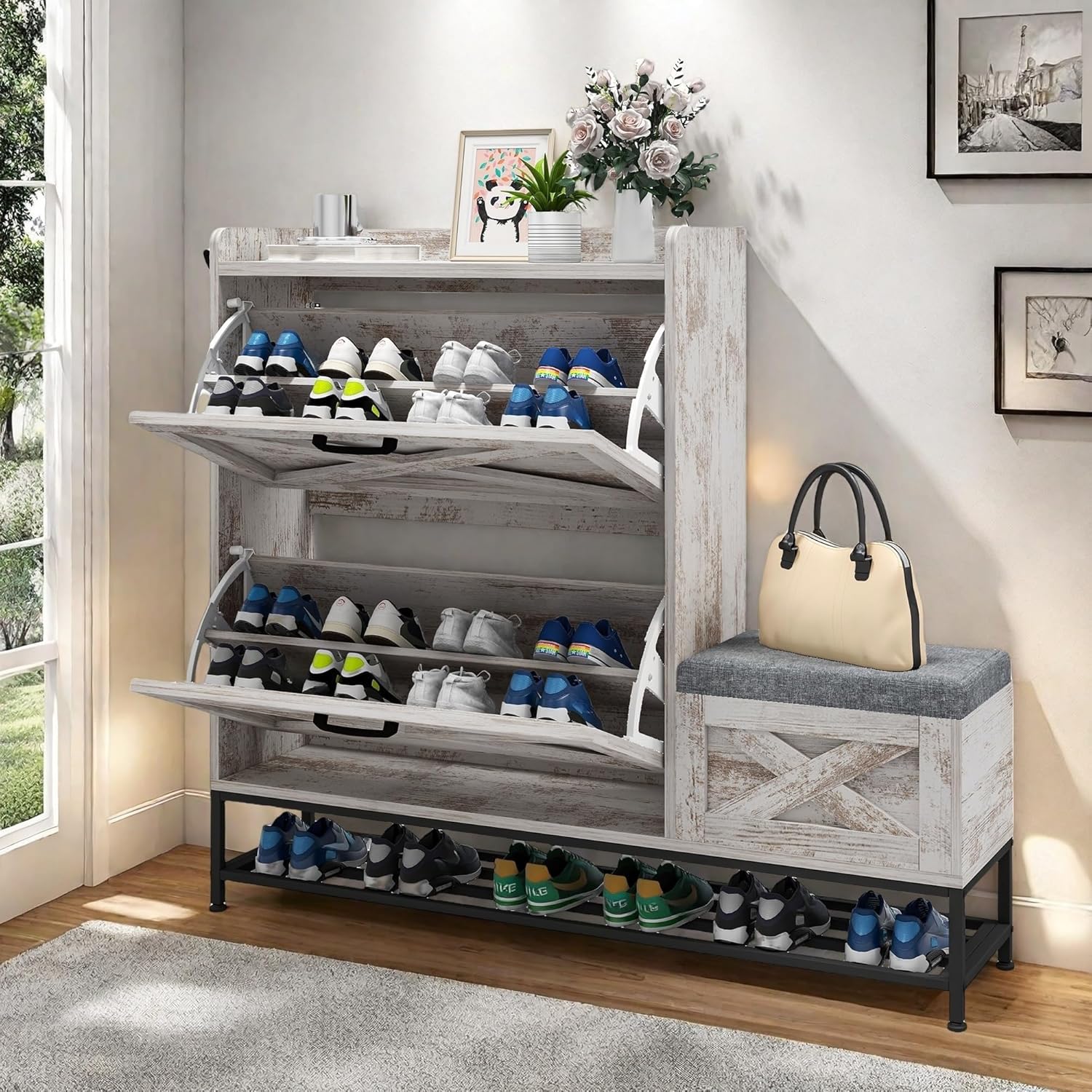 DWVO Farmhouse Shoe Storage Cabinet with 2 Flip Drawers for 16 Pairs, Entryway Shoe Storage with Shoe Bench, Narrow Slim Shoe Cabinet for Entryway, Living Room, Hallway (Washed Grey)