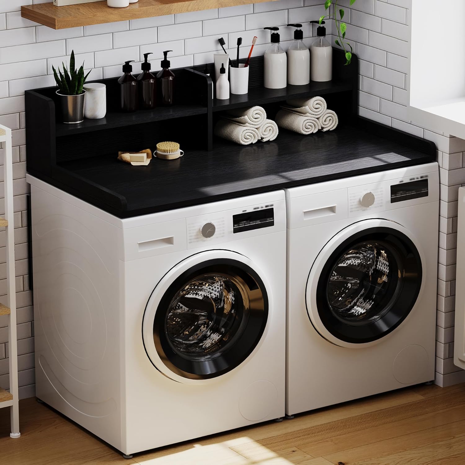 ChooChoo 2-Tier Washer Dryer Countertop with Adjustable Shelf, Spacious Laundry Room Storage for Folding Clothes and Efficient Organization, White