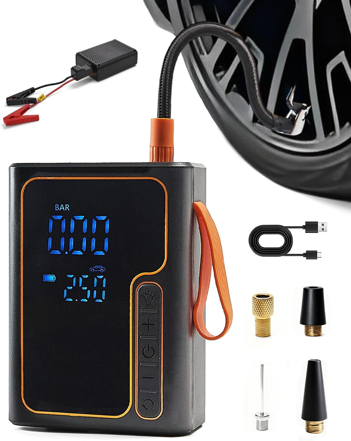 Cordless Tire Inflator and Battery Jumper Portable Air Compressor for Bike Handheld Bicycle Air Pump for Car Tires with Gauge Inflador De llantas Para Carro