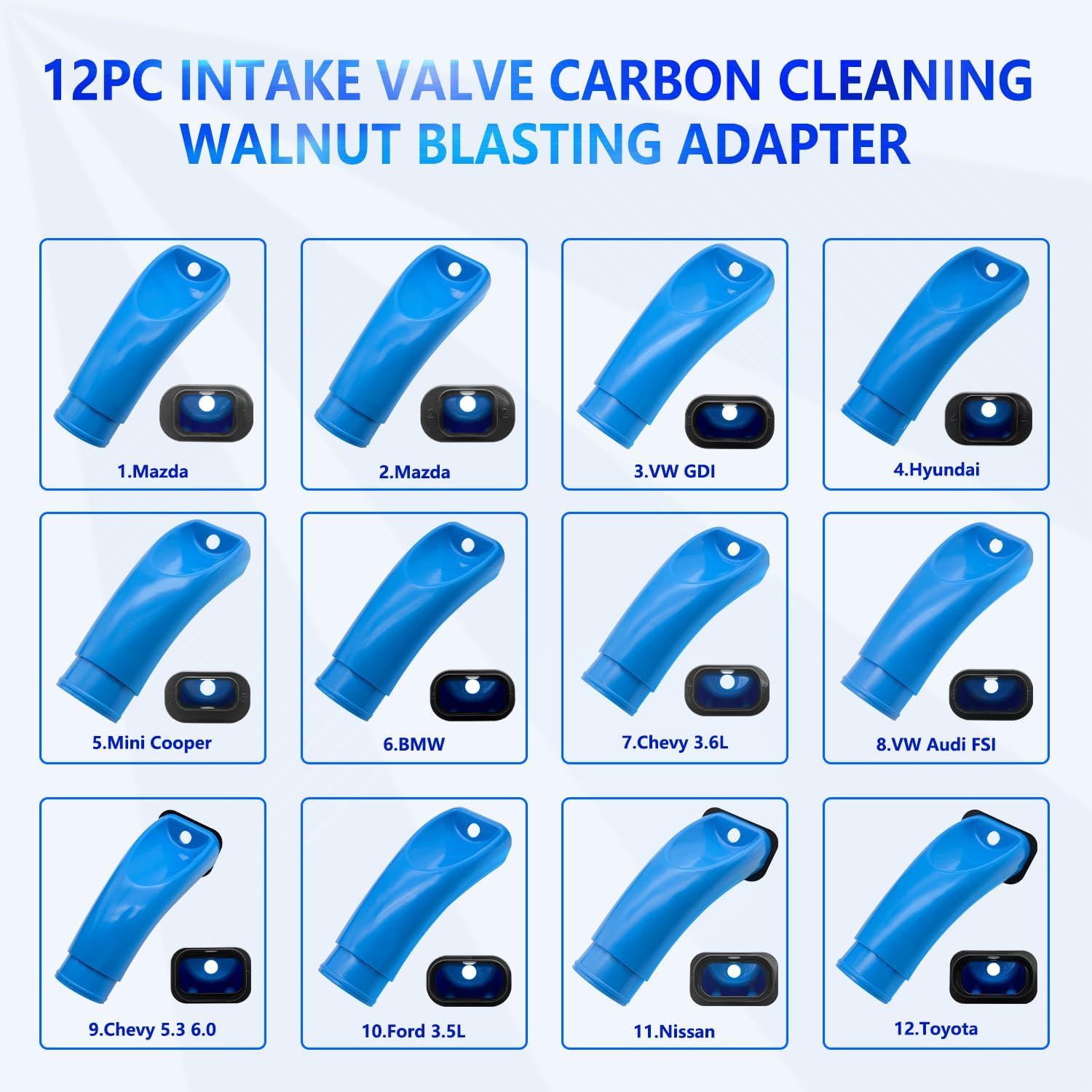 ZKTOOL12PC Intake Valve Carbon Cleaning Walnut Blasting Adapter for Hyundai, Mazda, Chevy, Mini Cooper, VW, Audi, Toyota, Lexus, Nissan, BMW, GMC, and Ford ect, Engine Carbon Cleaner