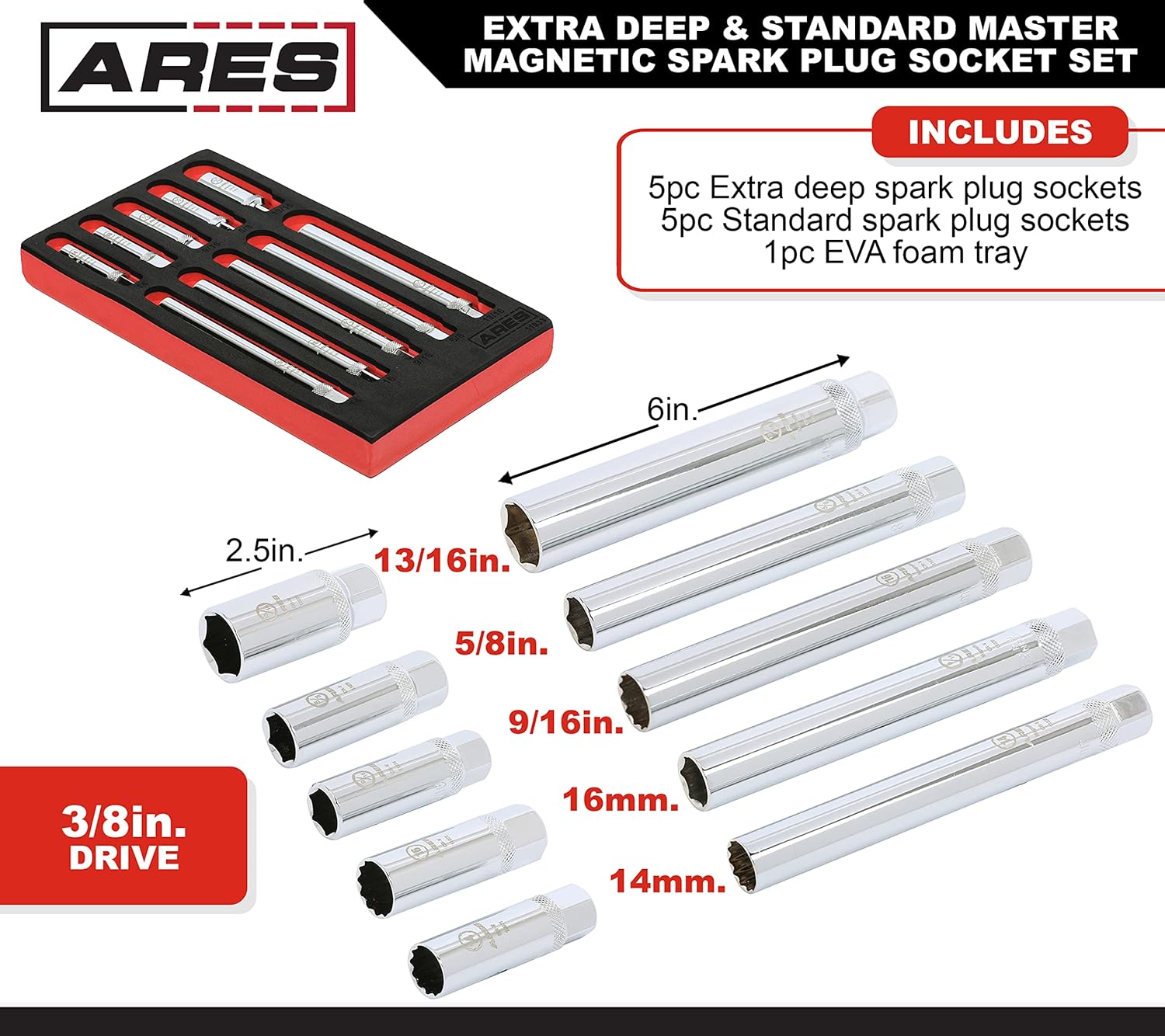 ARES 11033-10-Piece Extra Deep and Standard Length Magnetic Spark Plug Socket Set – 3/8-Inch Drive Spark Plug Sockets - 2.5-Inch and 6-Inch Length 6-Point and 12-Point Sockets – Foam Storage Tray