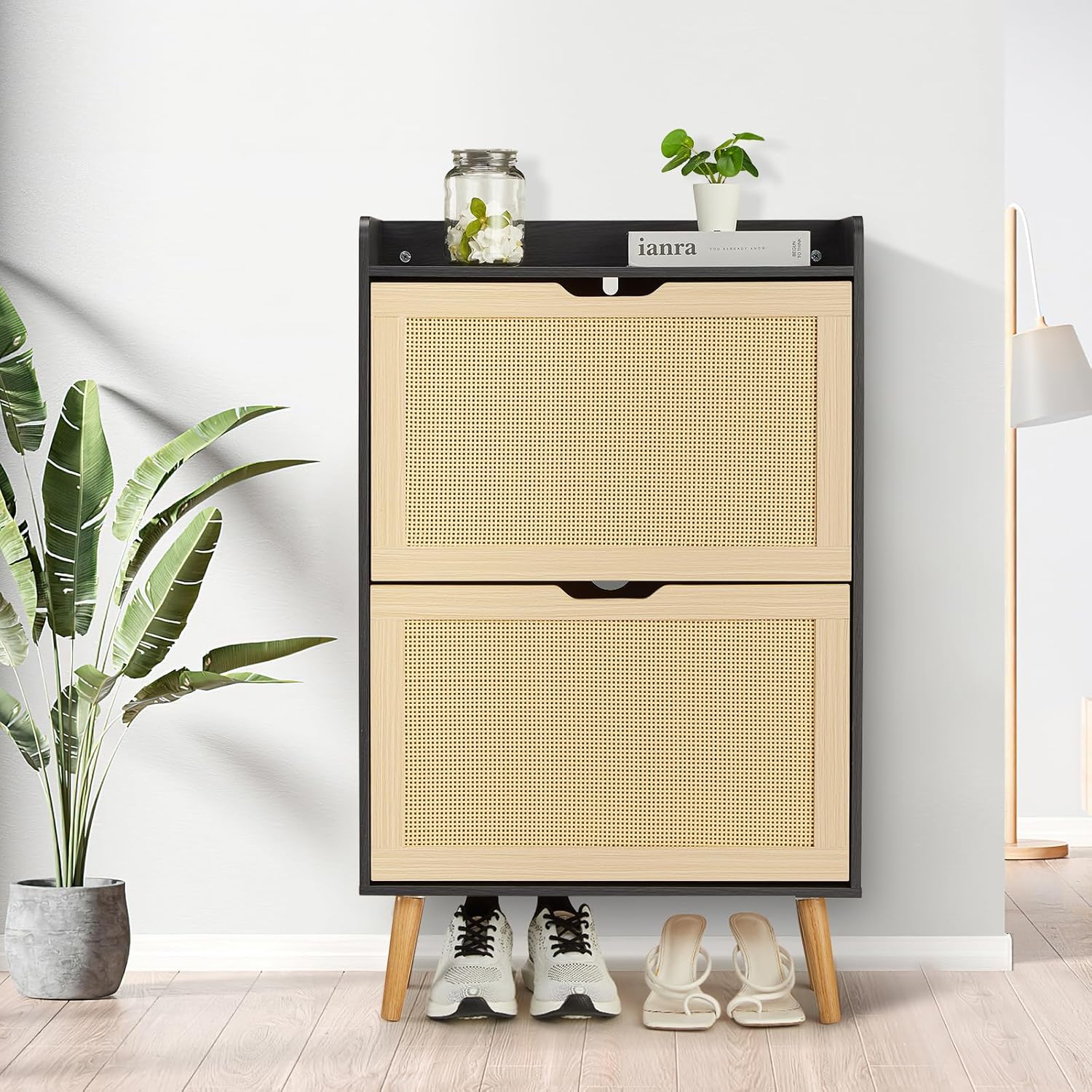 IDEALHOUSE Shoe Cabinet for Entryway, Rattan Storage Organizer with Flip-Drawer & Anti-Tip Design, Shoe Storage Cabinet - Holds 15-20 Pairs of Shoes for Closet/Bedroom