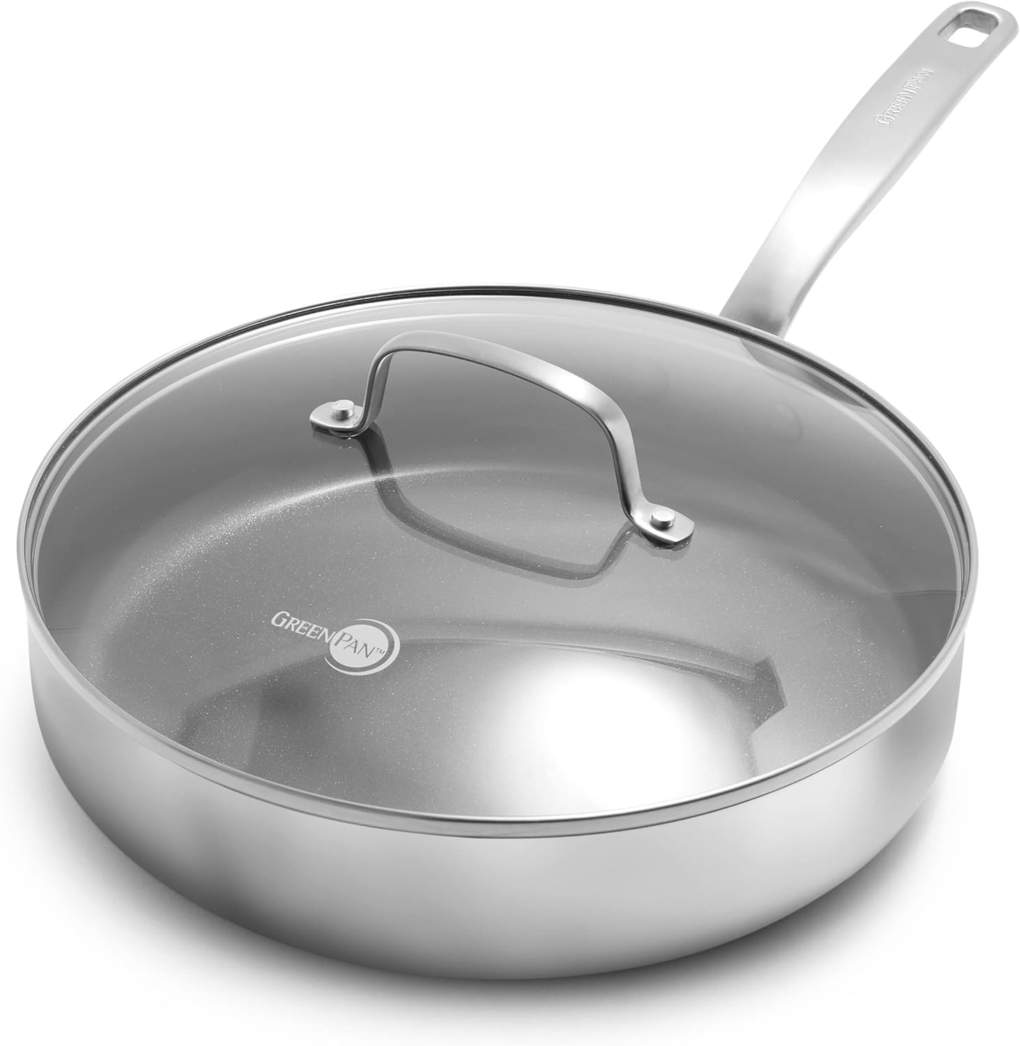 GreenPan Chatham Tri-Ply Stainless Steel Healthy Ceramic Nonstick 3.75QT Saute Pan Jumbo Cooker with Lid, PFAS-Free, Multi Clad, Induction, Dishwasher Safe, Oven Safe, Silver