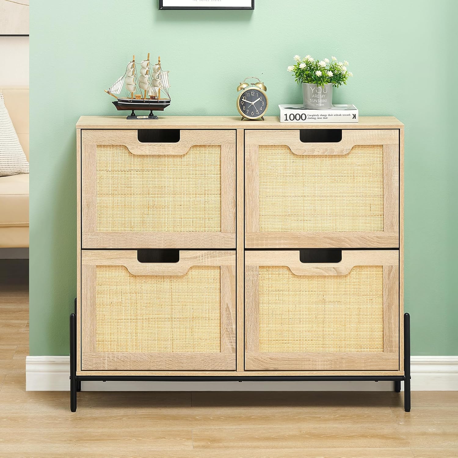 Oak Entryway Shoe Storage Cabinet with 4 Drop-Front Drawers，Freestanding Organizer with Steel Legs & Adjustable Shelves，Narrow Space-Saving Design for Apartments, Hallways, Mudrooms