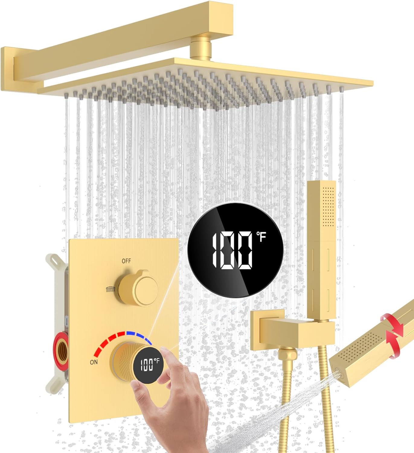 Shower Faucet Set with Hydro Power Temperature Display, Shower System 10 Inches Shower Head with Dual Function Handheld Spray, Ceiling Mounted Shower Fixtures with Digital Shower Valve, Brushed Nickel