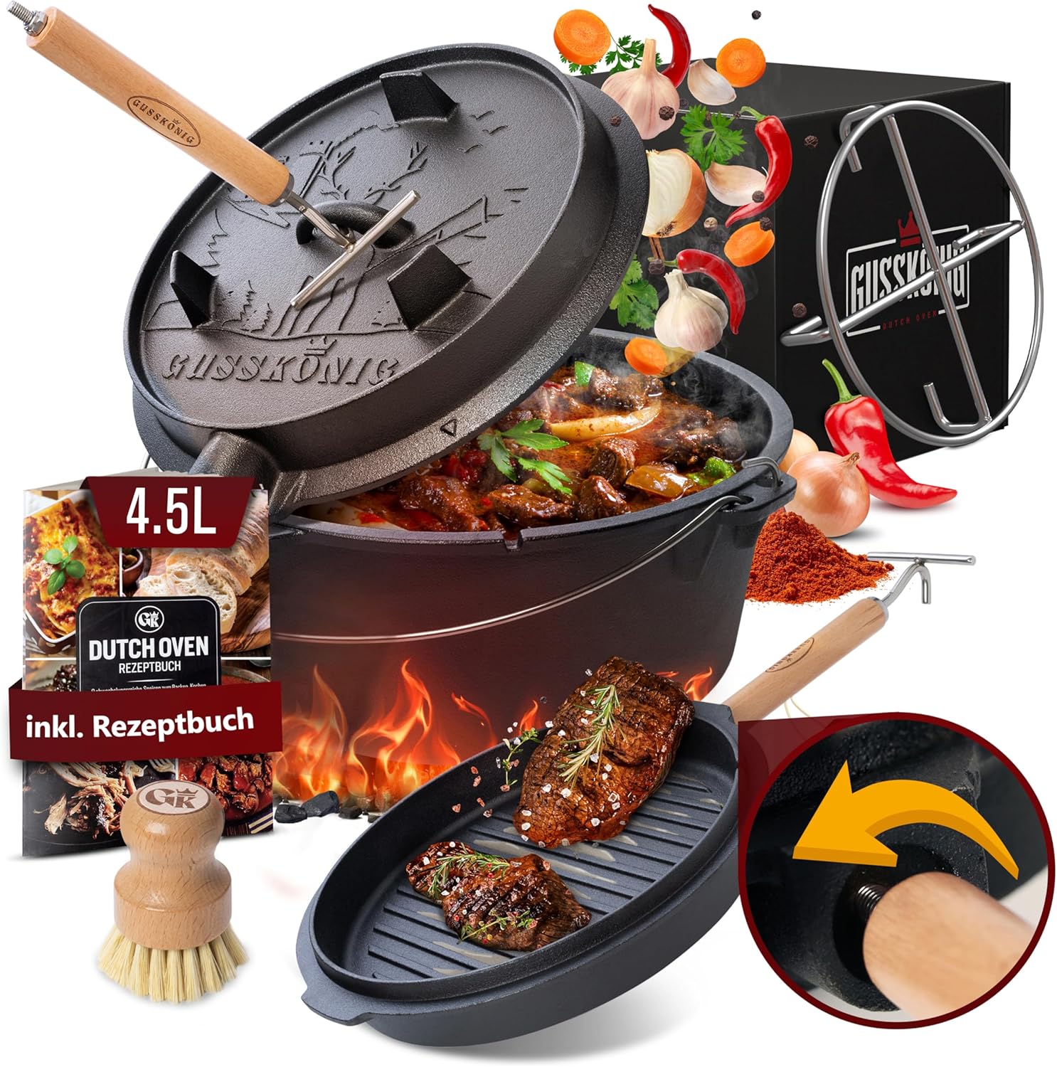 Pre-Seasoned Dutch Oven Set - 5 Quart Cast Iron Dutch Oven Pot with Lid, Fire Pot without Feet for Bread Baking & Cooking - Includes 2-in-1 Lid Lifter, Brush & Recipe Book [for 1-3 People]