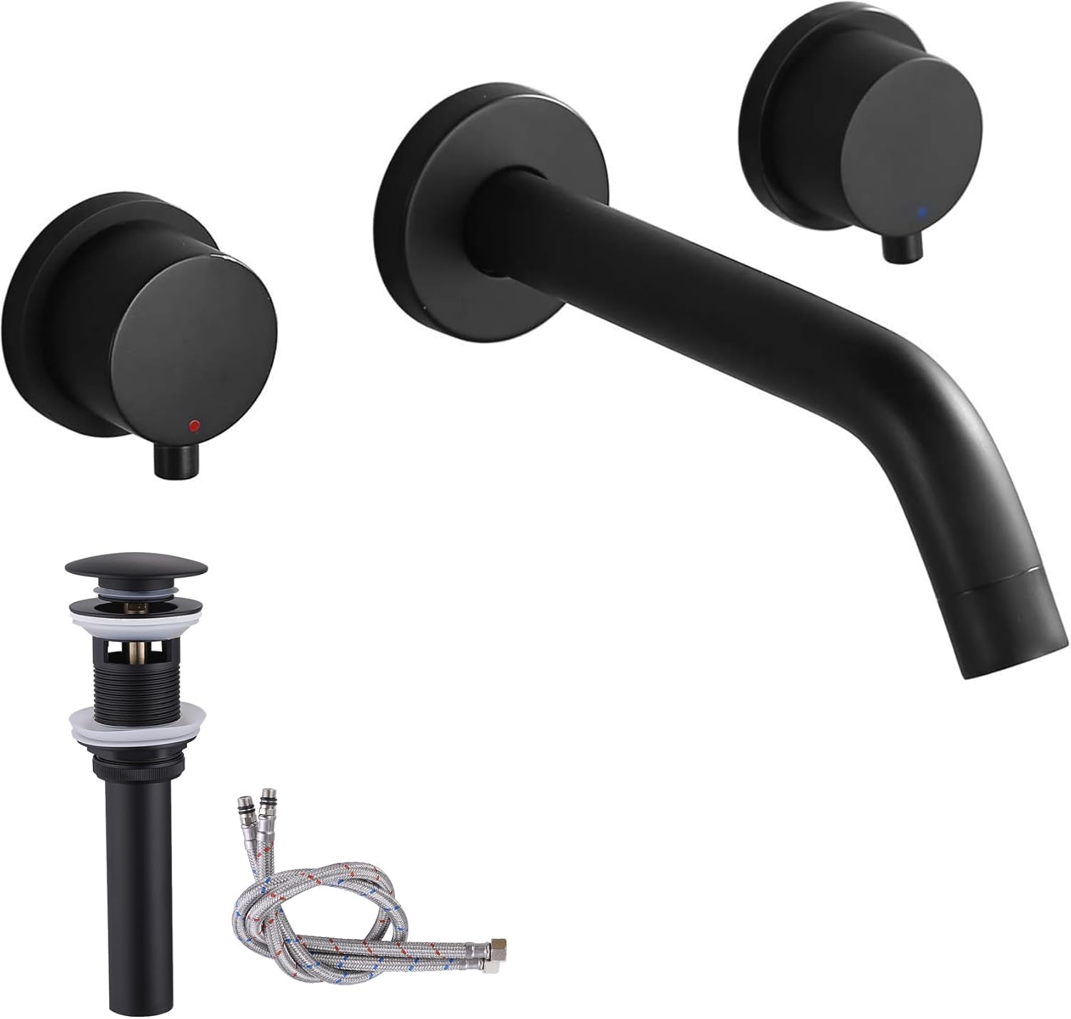 Wall Mount Faucet with Pop Up Drain and Rough in Valve, Matte Black, Brass, 3 Hole, Double Handle, 1.5 GPM, Wall Mounted Bathroom Faucet