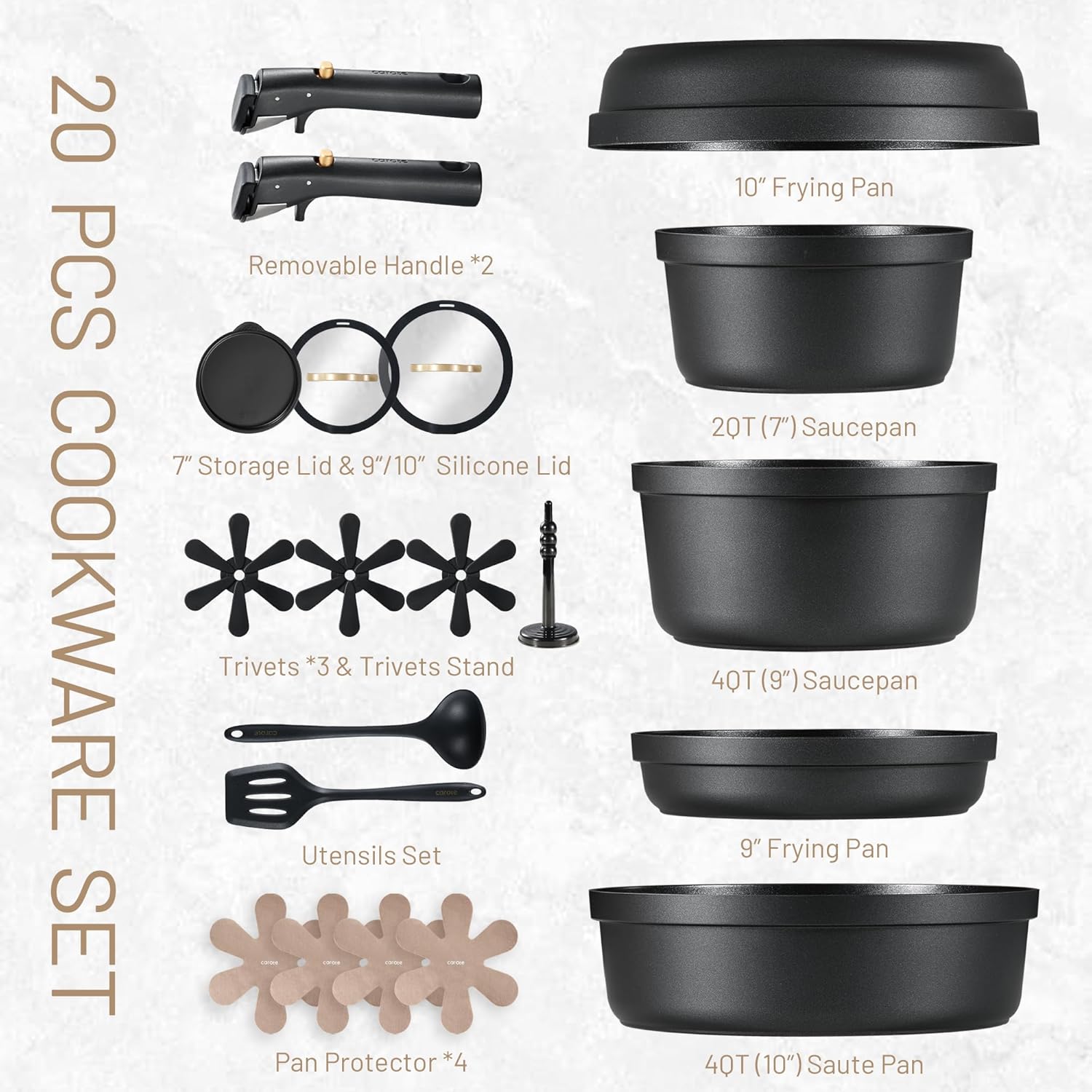CAROTE 20pcs Pots and Pans Set Non Stick, Nonstick Cookware Set, Dishwasher/Oven/Fridge Safe Pots and Pans, Removable Handle RV Oven Safe Cookware, Induction Kitchen Set, Black