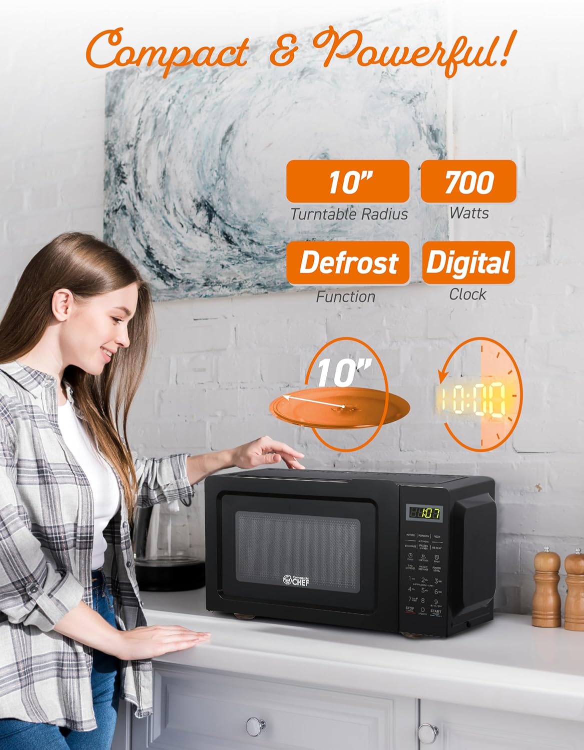 COMMERCIAL CHEF 0.7 Cubic Foot Microwave with 10 Power Levels, Small Microwave with Pull Handle, 700W Countertop Microwave up to 99 Minute Timer and Digital Display, Black