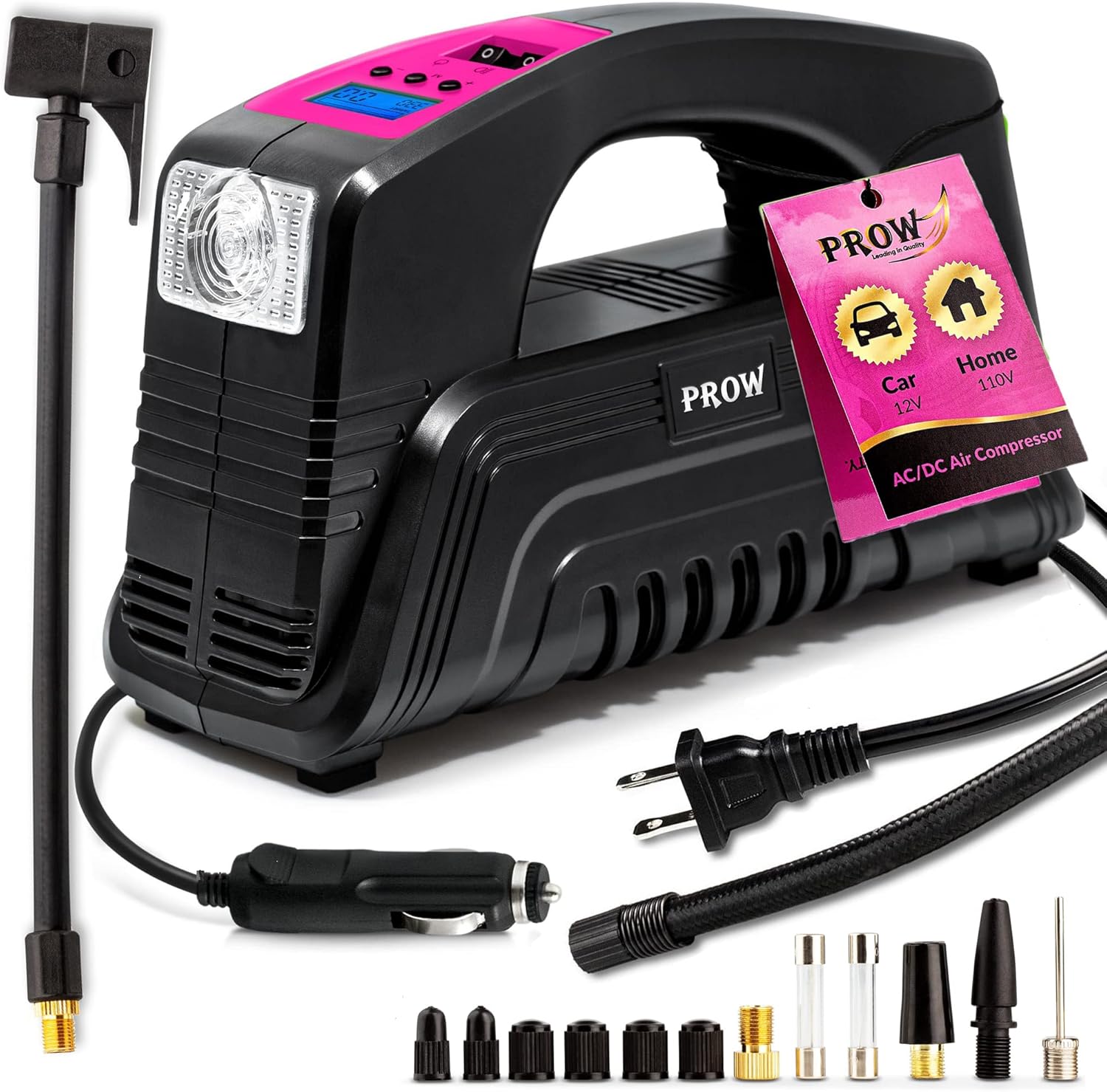 PROW Electric Air Compressor Tire Inflator AC/DC Portable for Car 12V, 110V, Upscale, with Digital Pressure Gauge, Air Pump for Car Tires, Motorcycle, Bike, Basketball PRO MODEL (pink, compact)