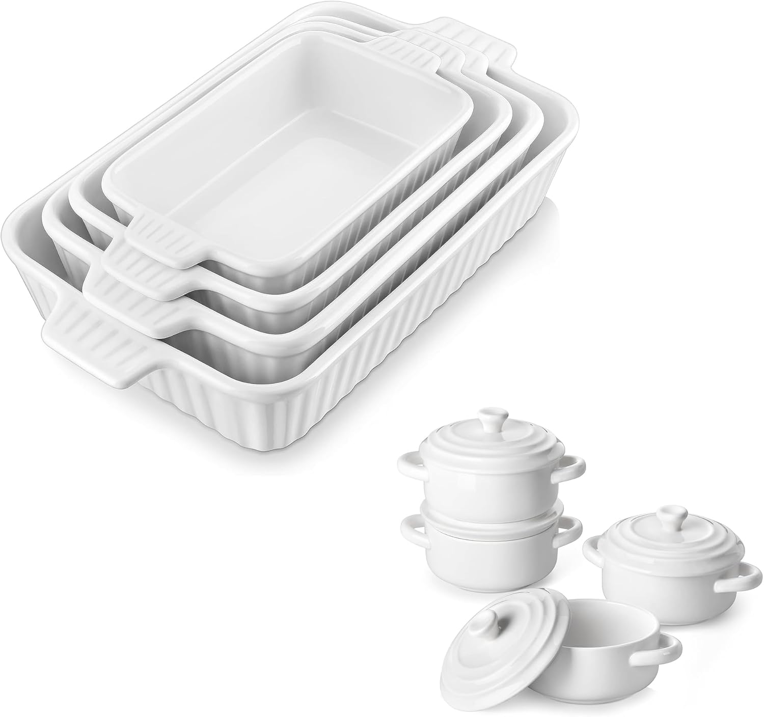 MALACASA Casserole Dishes - Porcelain Baking Dishes, Ceramic Bakeware Set of 4, Mini Cocotte Set - 14 oz, White, Ceramic, Rectangular, 3QT, Oven, Dishwasher, Microwave Safe
