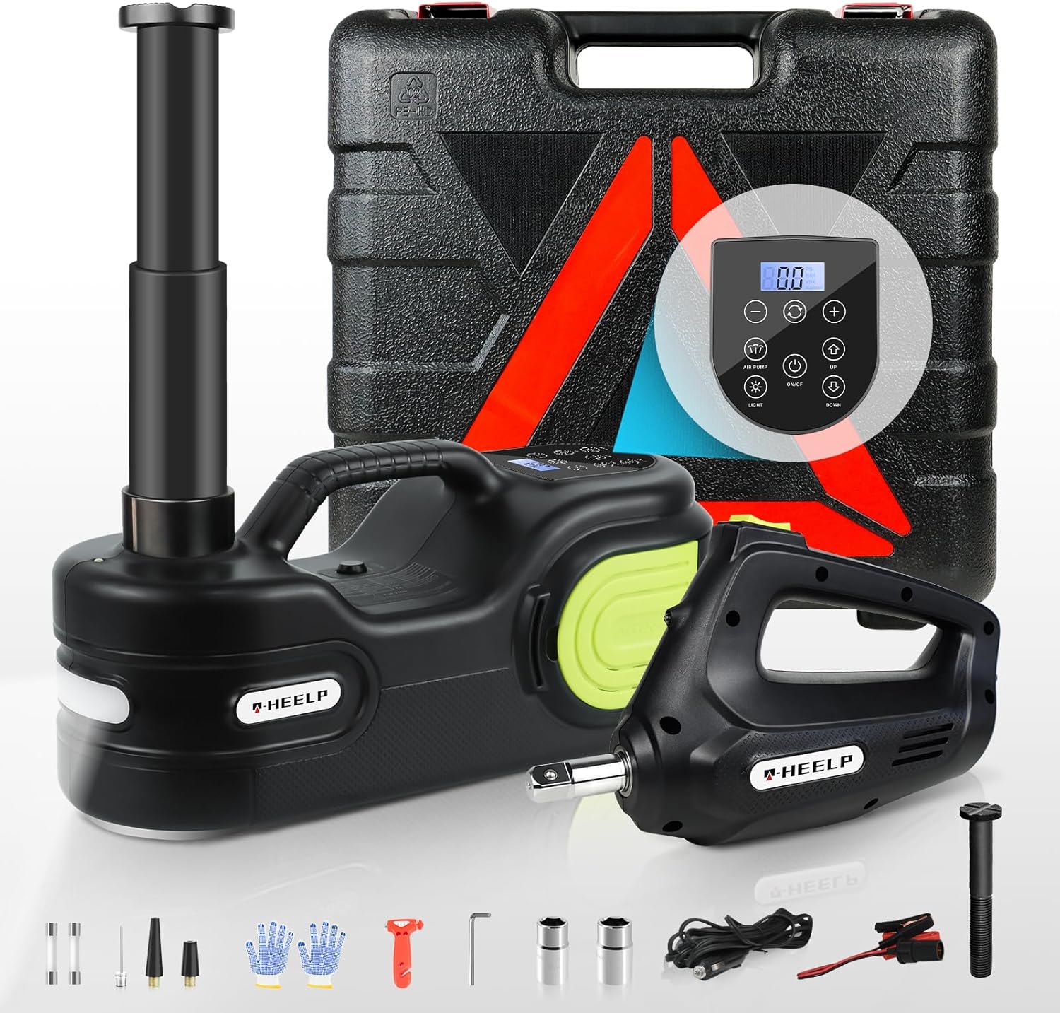 E-HEELP Electric Car Jack Kit 5Ton 12V Hydraulic Car Jack Lift (Lifting Range: 6.1~17.7 inch) with Electric Impact Wrench for SUV MPV Sedan Truck Change Tires Garage Repair