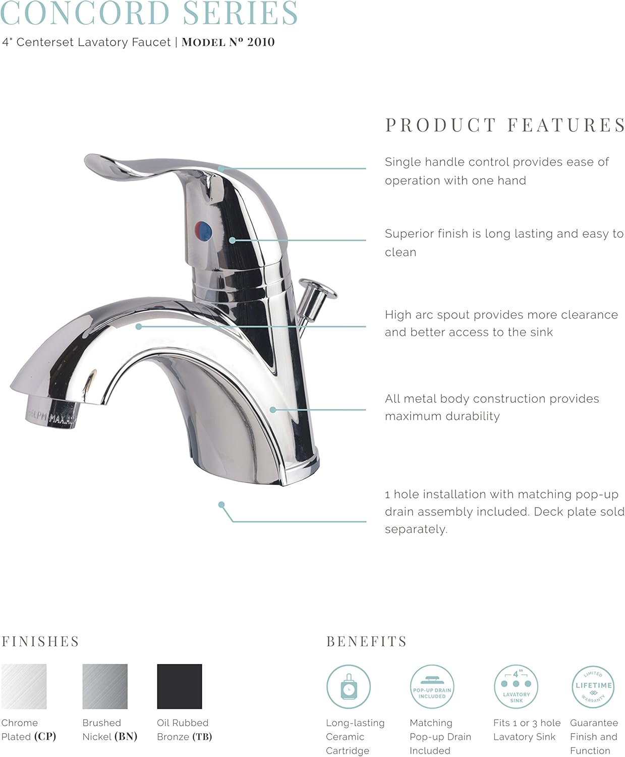 2010BN Single Handle Bathroom Vanity Sink Centerset Lavatory Faucet with Pop-Up Drain Brushed Nickel Finish