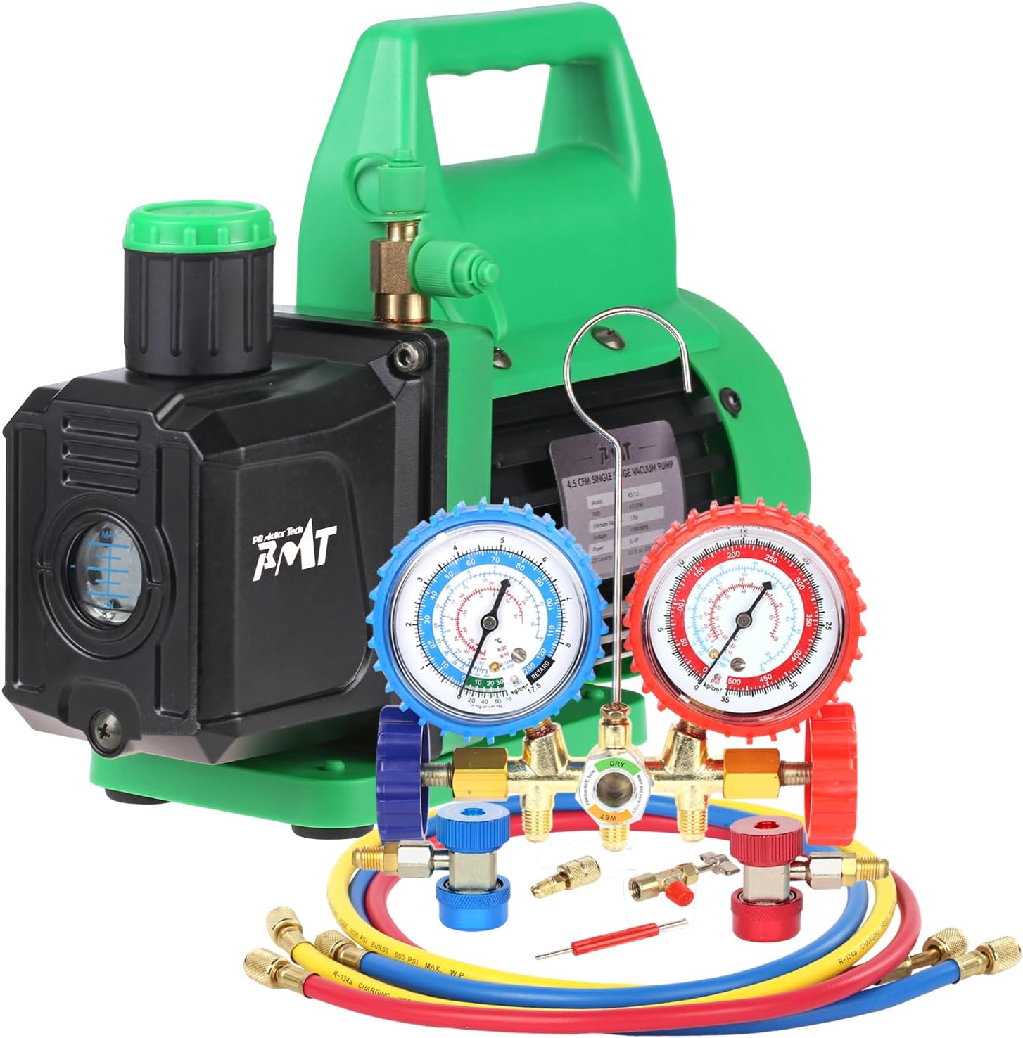 PB Motor Tech Vacuum Pump & Gauge Set, 4.5 CFM Pump w/Brass Manifold Gauge, Quick Couplers, 410 Adapter, Can Tap & Valve Core Tool, For R134A, R12, R22, R502 Refrigerants & AC Maintenance