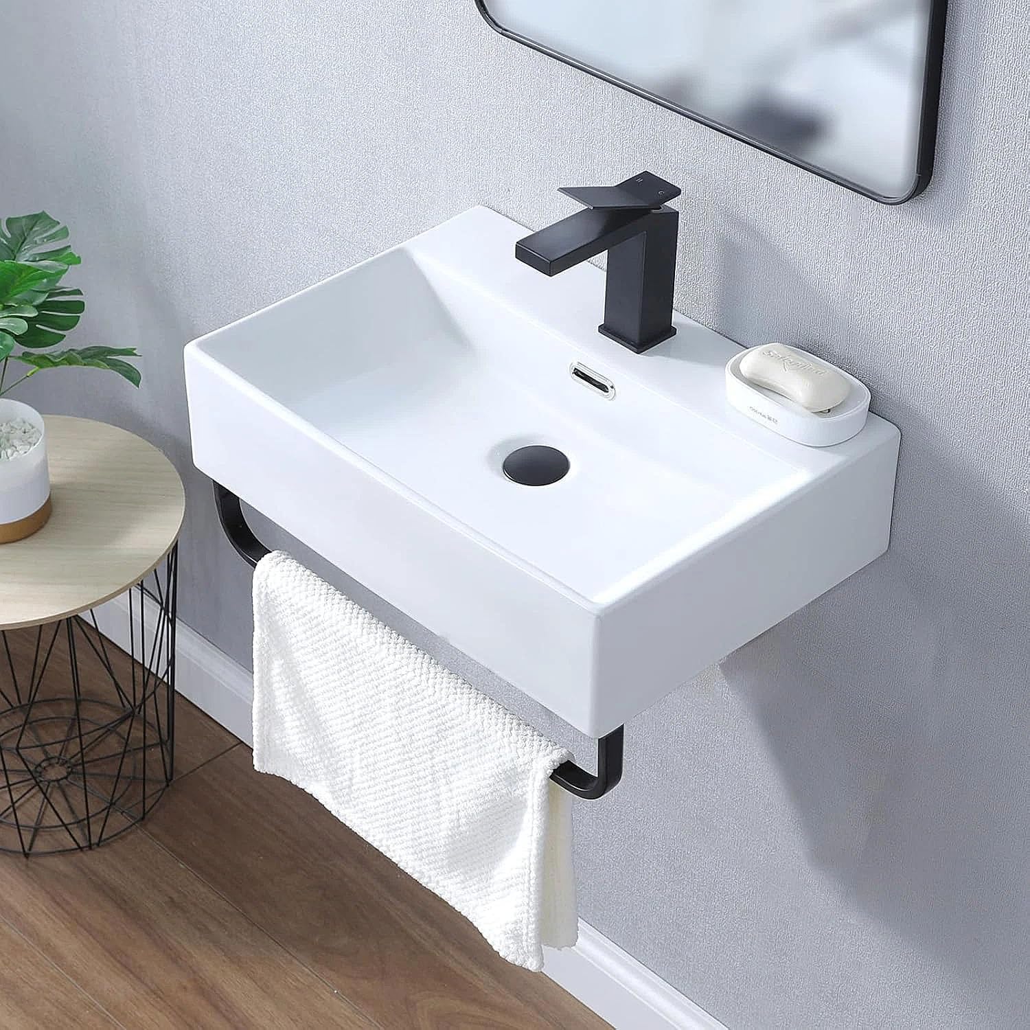 Wall Mounted Bathroom Sink with Towel Rack,White Porcelain Ceramic Vessel Floating Vanity Sinks Art Basin with Faucet Hole and Overflow One Hole Porcelain Ceramic Sinks (8436 White)