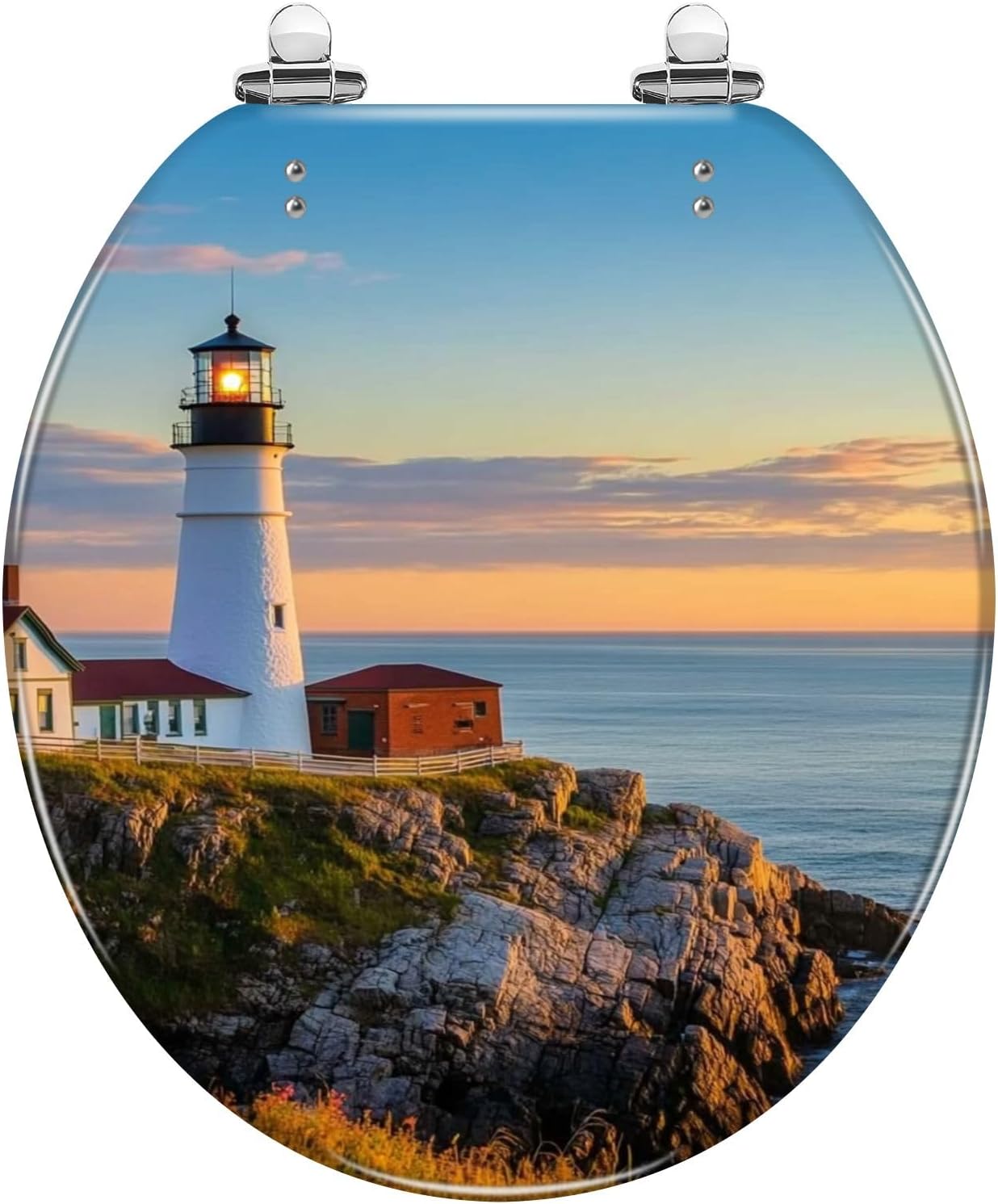 Round Toilet Seat Sunrise Portland Lighthouse New England Maine Resin Toilet Seat Slow Quiet Close Lid with Quick-Release Hinges Cover Bumpers Easy to Clean Install