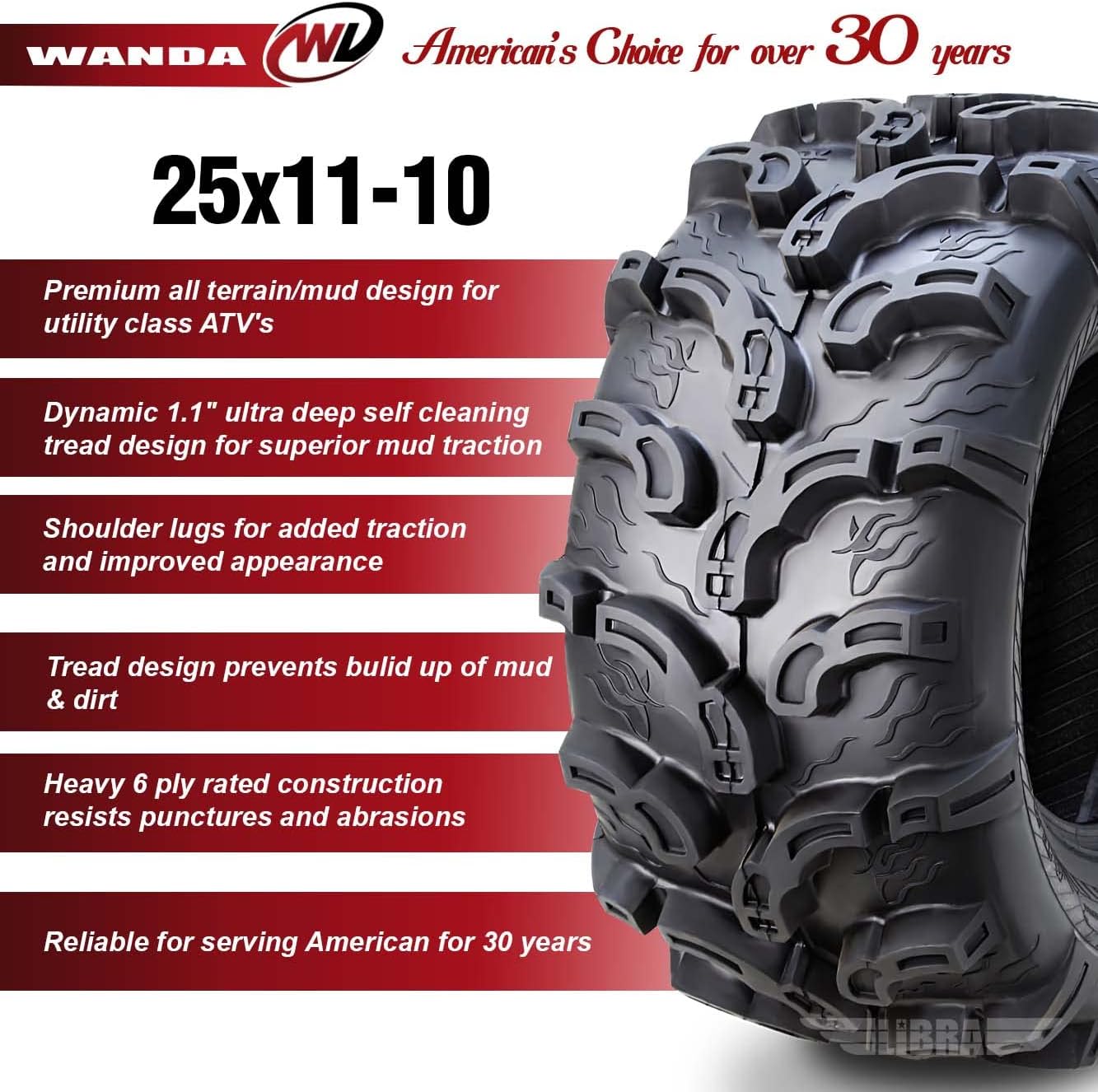 WANDA One ATV Tire AT 25x11-10 25x11x10 6PR P375 Super Mud Snow- 10216