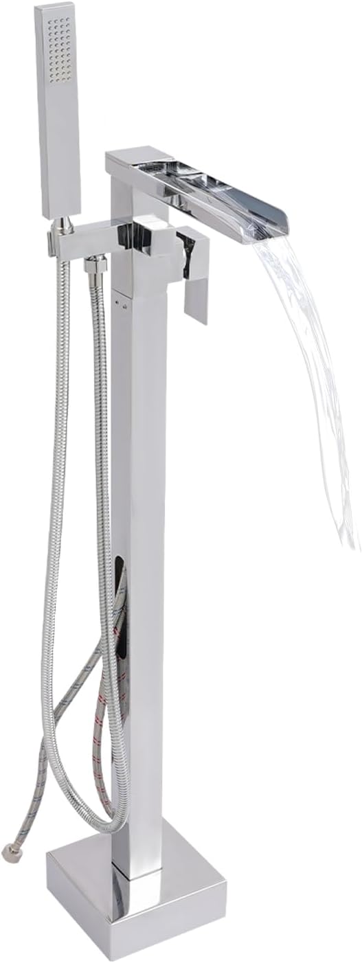 Freestanding Bath Tub Faucet Floor Mount 360° Swivel Spout Bathtub Faucet with Hand Shower Stainless Steel Bathroom Free Standing Tub Filler Faucet for Bathtub