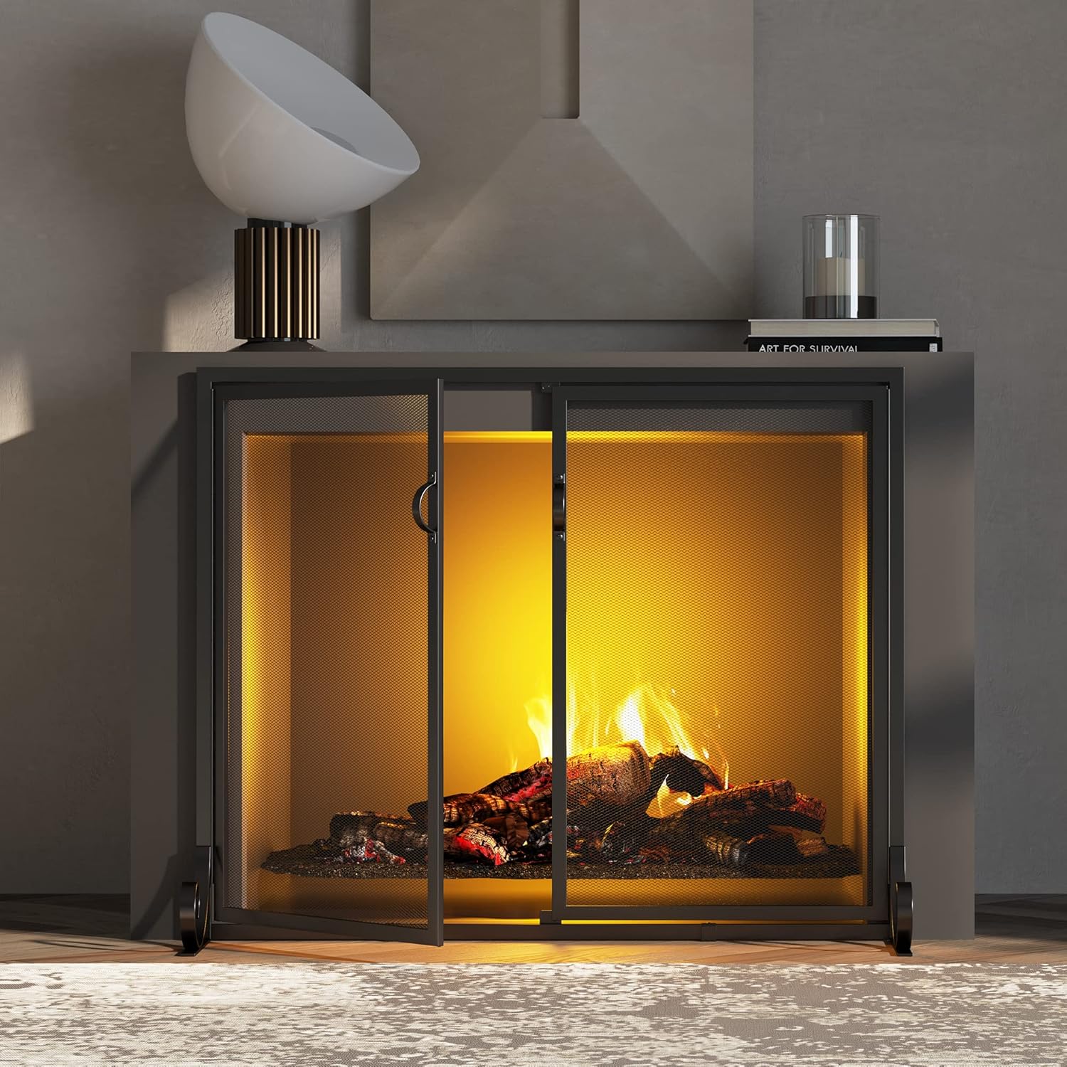 Fire Beauty Fireplace Screen with Hinged Doors, Powder Coated Steel Frame, Metal Mesh, Handcrafted Solid Steel,Decorative Design