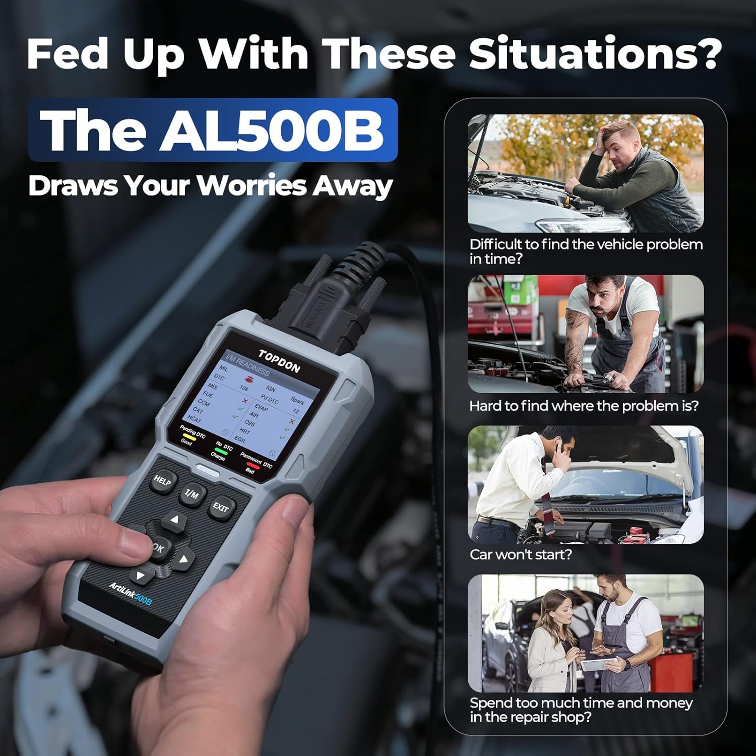 TOPDON AL500B OBD2 Scanner Battery Tester 2 in 1 Code Reader, Full OBDII Diagnosis, 12V Battery Tests & 12V/24V Cranking Tests, Charging Tests, Scan Tool, Car Diagnostic Tool for All OBDII Cars