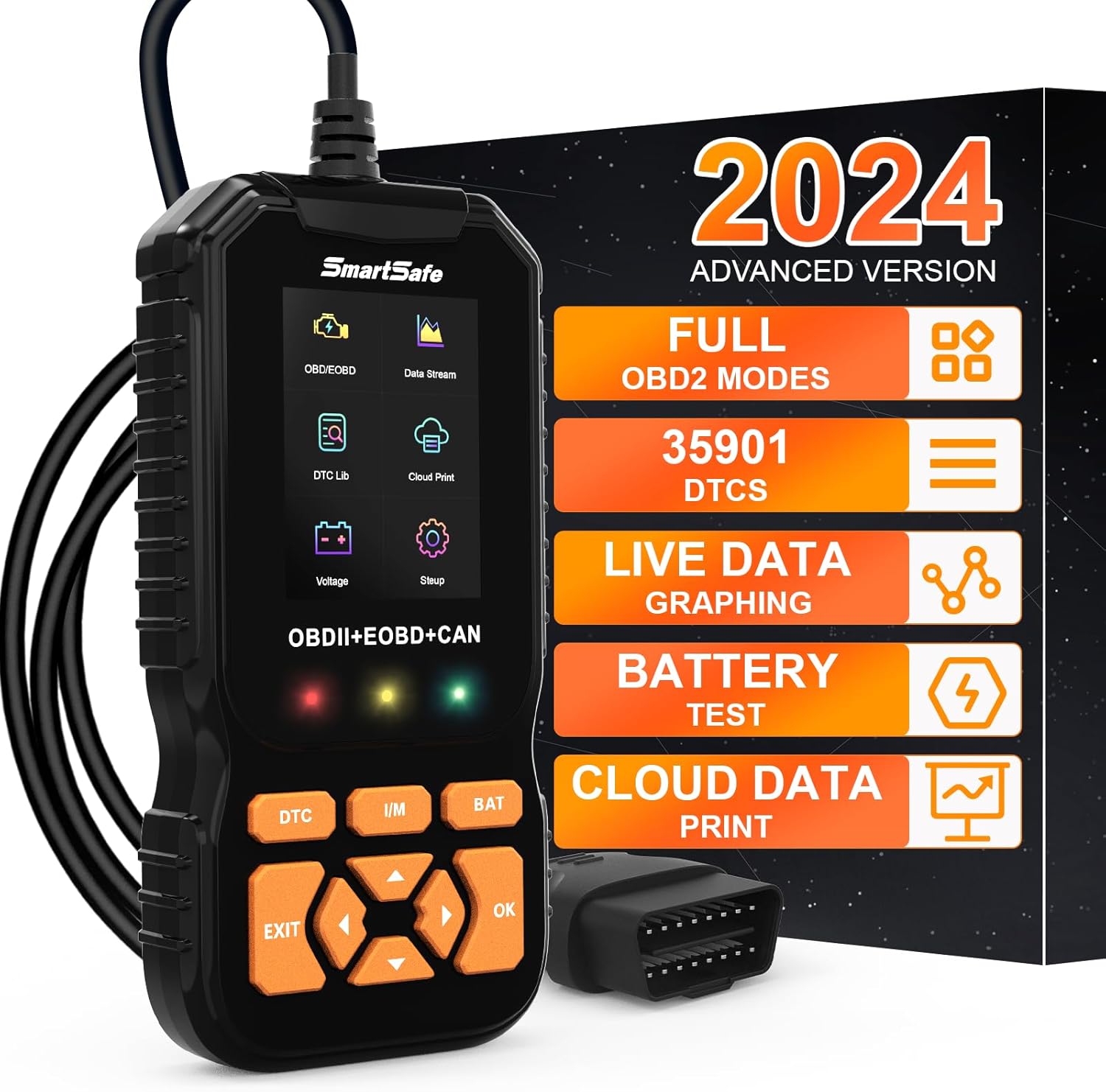 SmartSafe 2024 Professional OBD2 Scanner Diagnostic Tool Enhanced Auto Check Engine with Read/Erase Fault Code, 35,901 DTCs, Cloud Data Print, Code Reader Scanner for Cars After 1996
