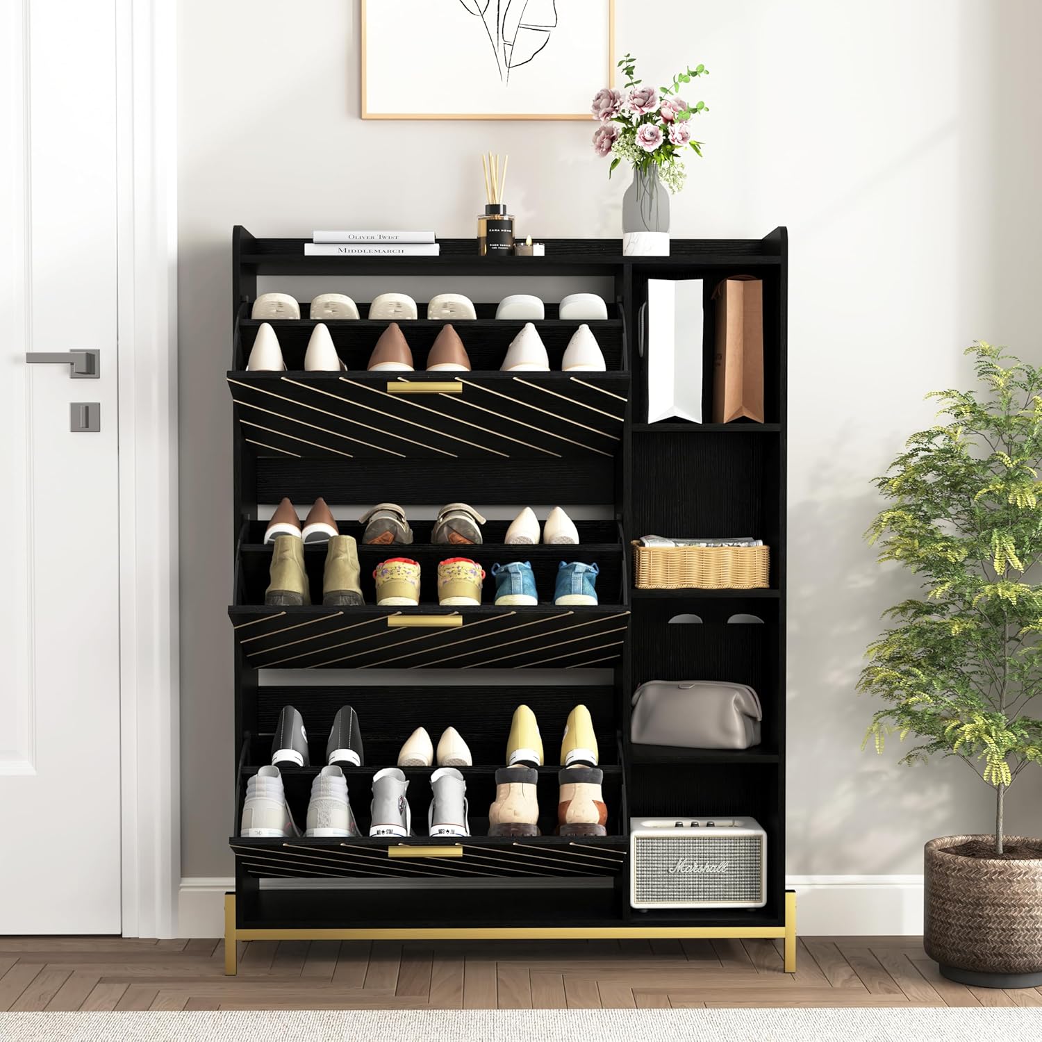 KEIKI Shoe Storage Cabinet with 3 Flip Drawers & Open Shelves, Narrow Shoe Cabinet for Entryway Slim, Farmhouse Shoe Cabinet Freestanding Entry Shoe Rack Cabinet, Wood Shoe Organizer, Black
