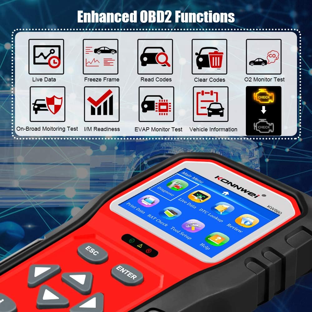 KONNWEI KW860 OBD2 Scanner Car Code Reader Diagnostic Scan Tool with Enhanced Live Data Stream and Upgraded Graphing Battery Status Check Function
