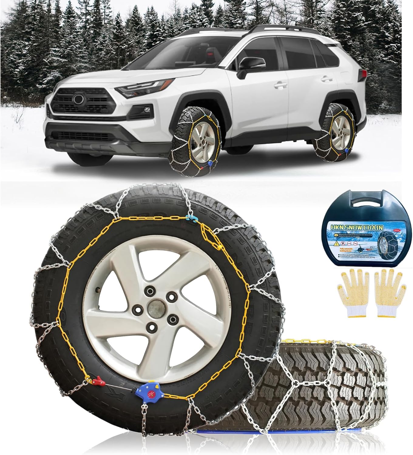 Auto Tightening Snow Chains Tire Chains, 1-Minute Quick Install, Universal Fit for Car/SUV/Pickup Truck, Multi-Weather Emergency Traction, Set of 2 - HKN140