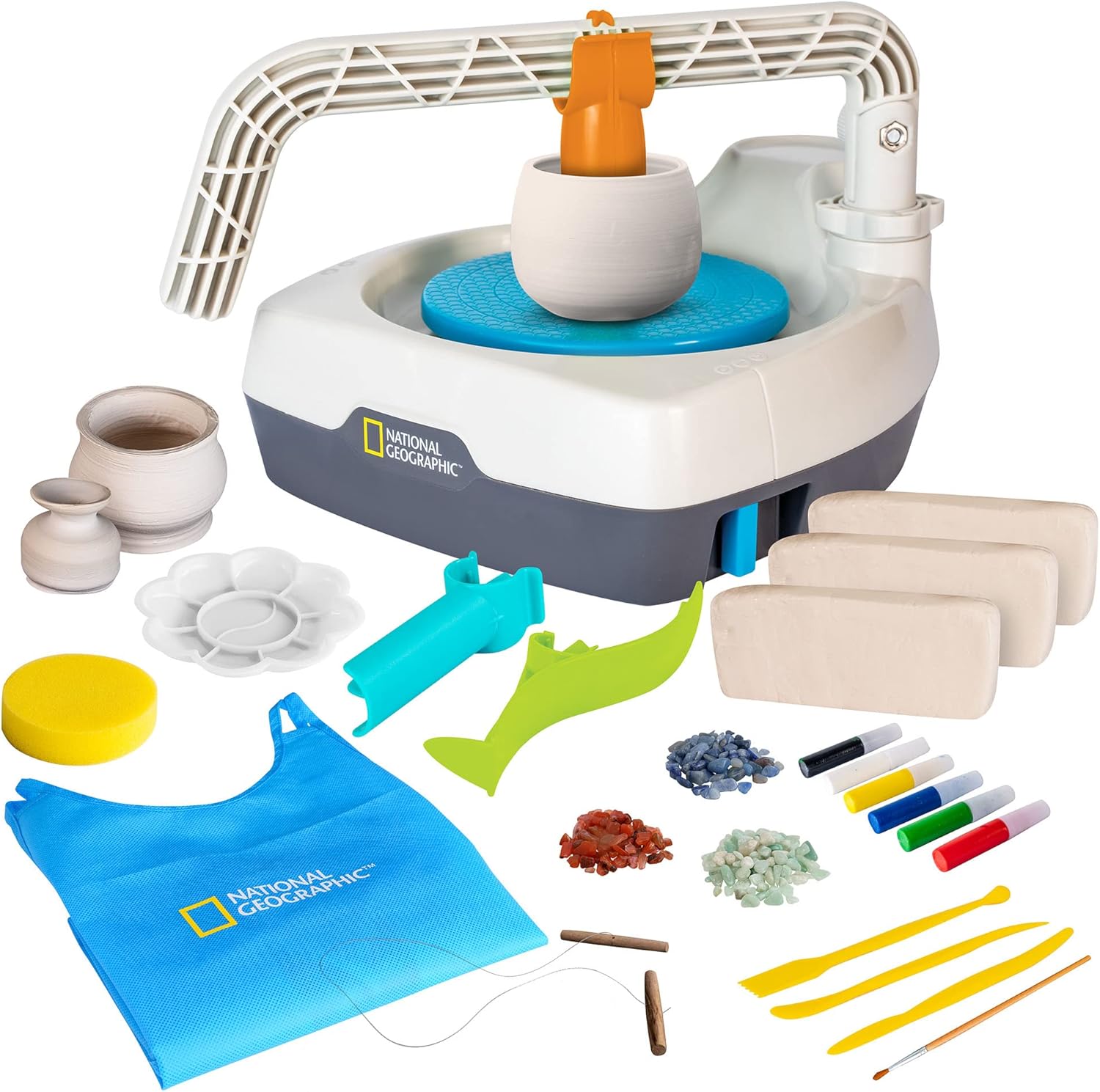 NATIONAL GEOGRAPHIC Pottery Wheel for Kids – Complete Pottery Kit for Beginners, Plug-in Motor, 2 lbs. Air Dry Clay, Sculpting Clay Tools, Apron & More, Patented Design, Craft Kit (Amazon Exclusive)