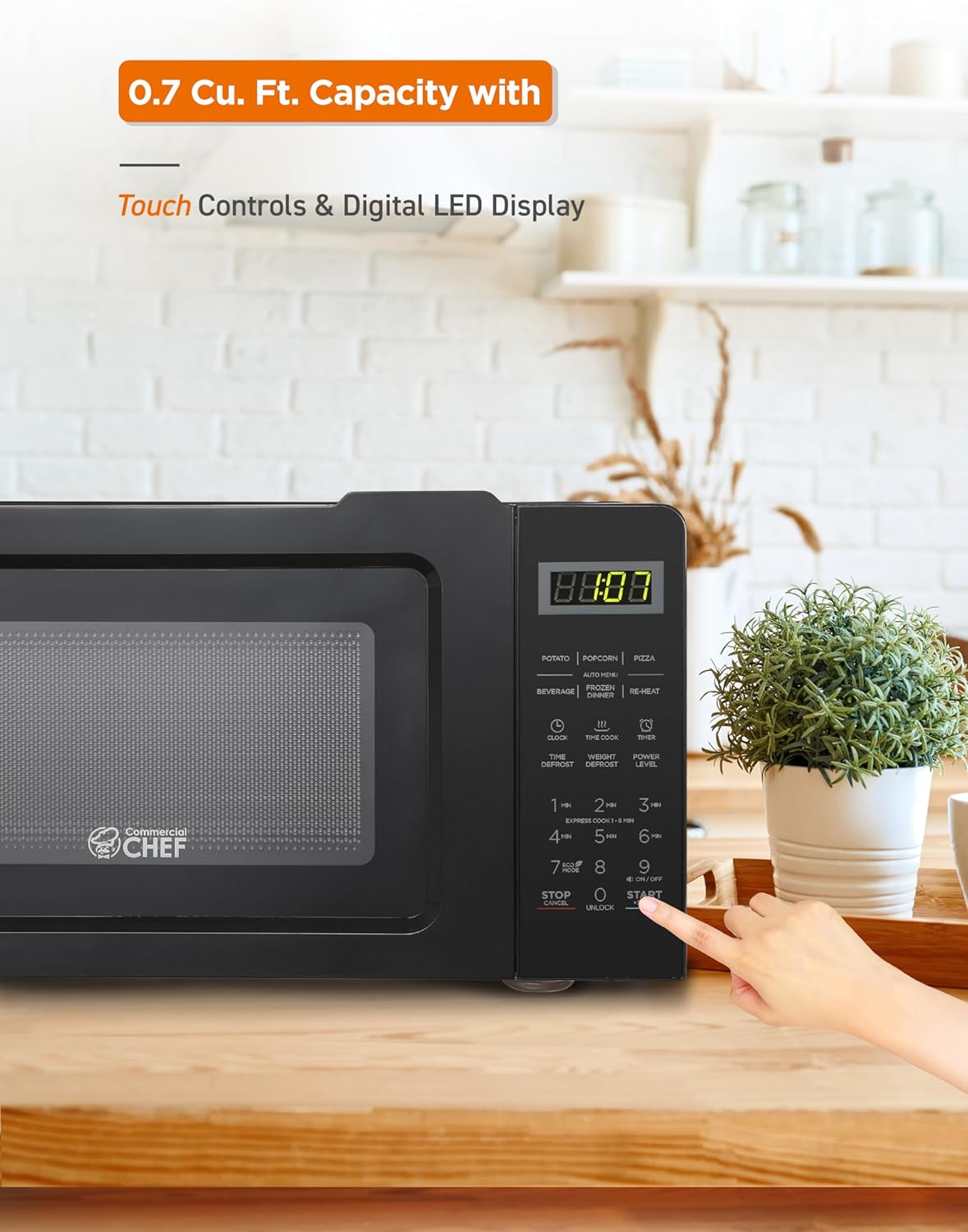 COMMERCIAL CHEF 0.7 Cubic Foot Microwave with 10 Power Levels, Small Microwave with Pull Handle, 700W Countertop Microwave up to 99 Minute Timer and Digital Display, Black