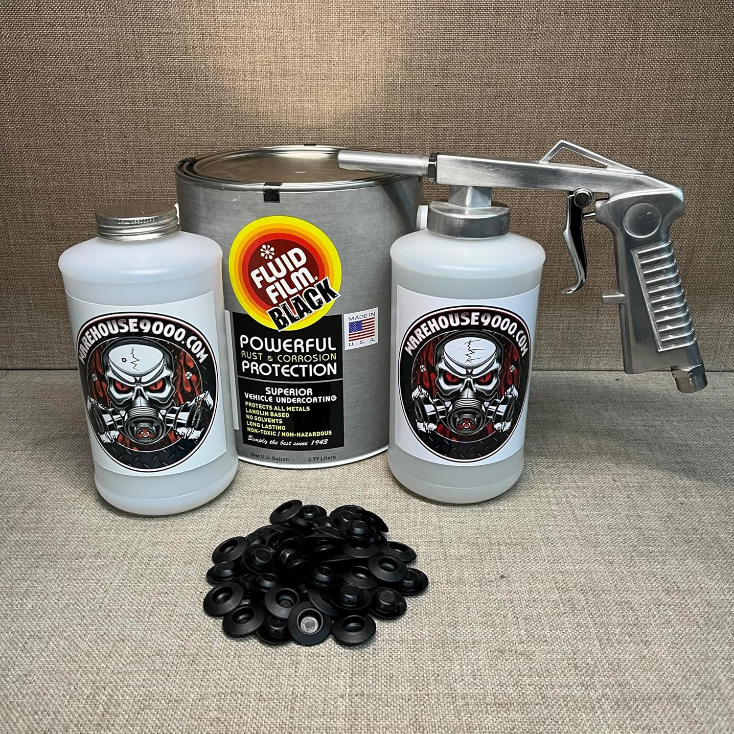 Black FF Lanolin Undercoating Fluid Gallon, Standard Economy Undercoating Spray Gun, 2 White Quart Bottles, and 50 Rust Plugs