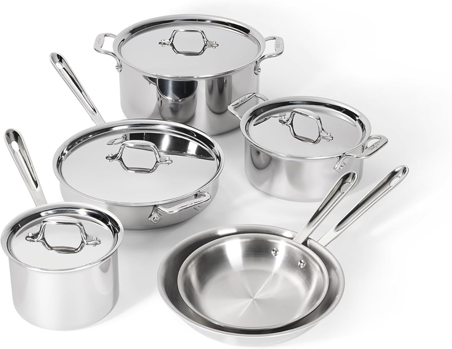 All-Clad D3 3-Ply Stainless Steel Cookware Set 10 Piece, Induction, Oven Broiler Safe 600F, Kitchen Cooking Set w/ Frying Pans, Saucepans, Saute Pan, Stockpot and Soup Pot, Pots and Pans, Silver