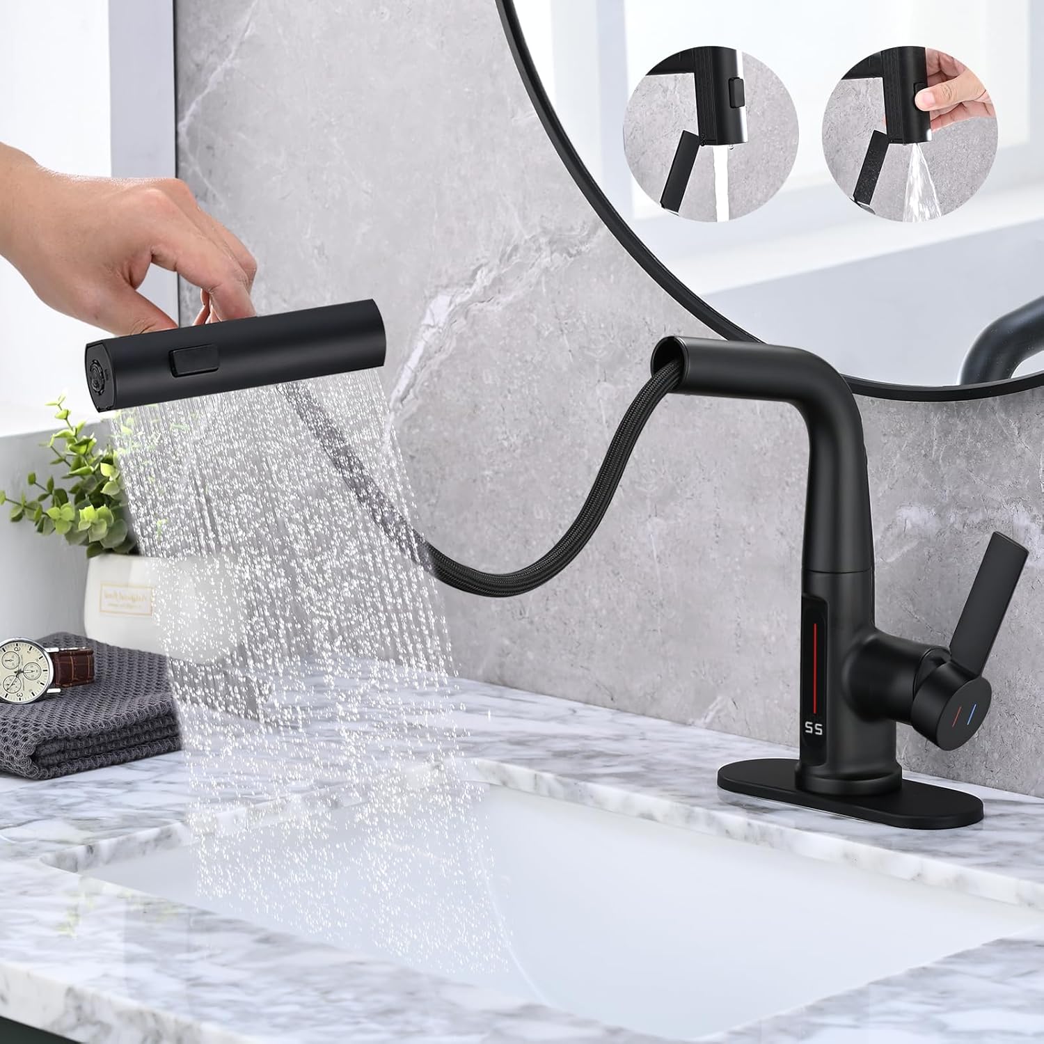 Dornberg Waterfall Bathroom Faucet with Pull Out Spraye, Liftable Bathroom Faucet, 3 Modes Digital Temperature Display Bathroom Sink Faucet with Deck Plate & Pop-up Drain - Matte Black
