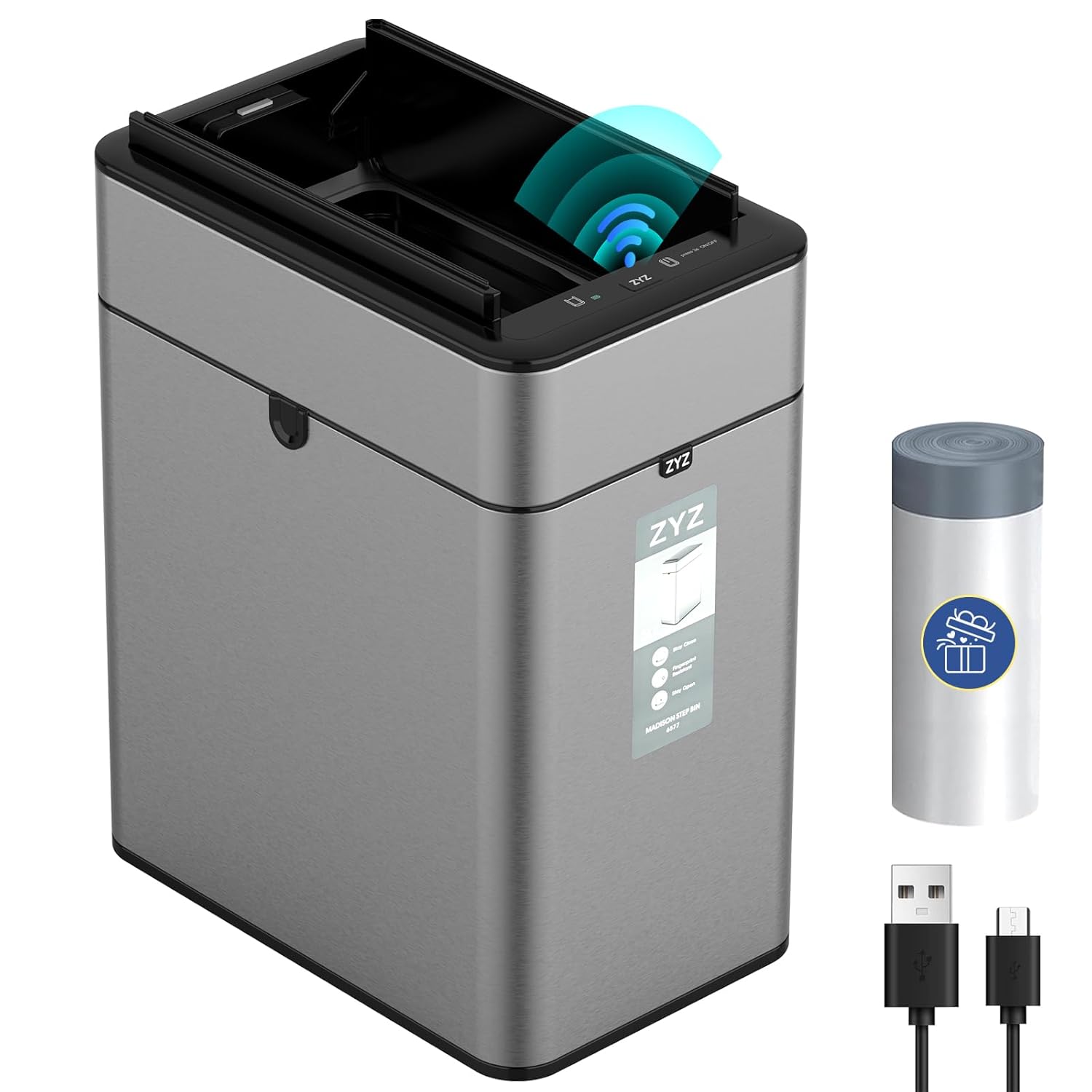 zyz Kitchen Trash Can 10.6 Gallon / 40 Liter, Garbage Cans with Butterfly Lid, Automatic Sensor Trash Bin, USB Type C 1500mAh Battery, Stainless Steel, Touchless and Soft Close, Restaurants Garages