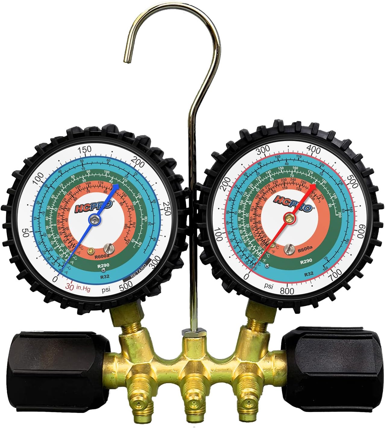 HCPRO Manifold Gauge Set R32 R290 R600 Hydrocarbon Refrigerant | Dual Scale F/C PSI | HVAC AC Brass Gauges 3-1/8