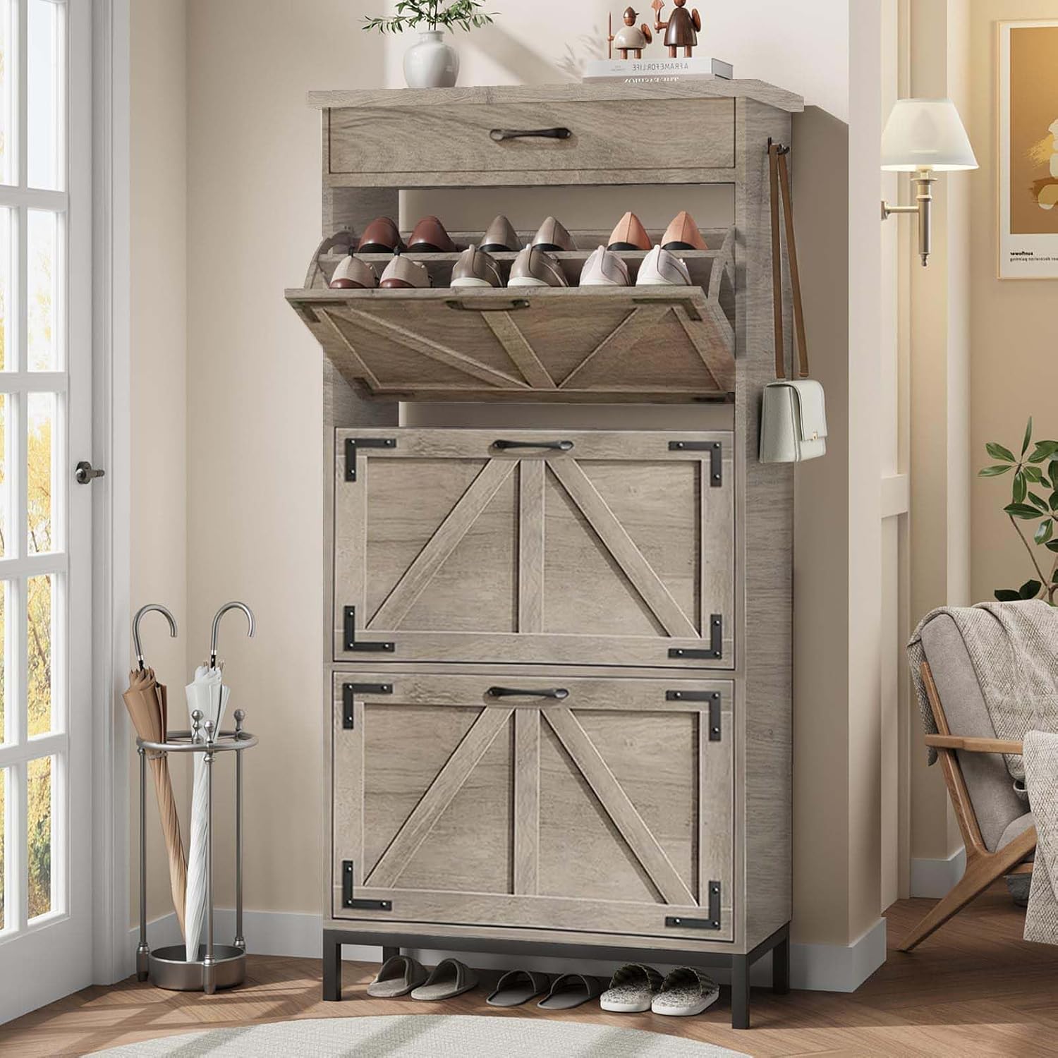 Shoe Storage Cabinet with 3 Flip Drawer, Farmhouse Narrow Shoe Cabinet with Metal Legs and Pull Out Drawer, 57.1'' H Freestanding Hidden Shoes Storage Organizer for Entryway, Hallway