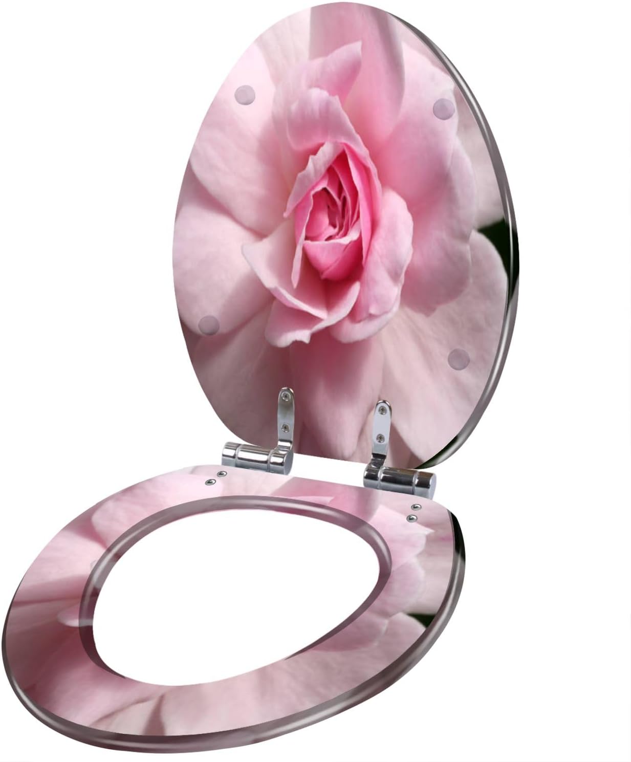 Resin Elongated Toilet Seat with Cover Quiet Close Quick Release Hinges Close up pink Damask Rose flower Decorative Toilet Seat Easy to Clean Install Home Decor