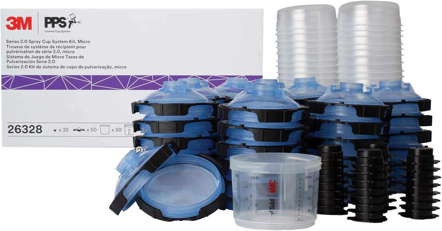 3M PPS 2.0 Spray Gun Cup, Lids and Liners Kit, 26312, Midi, 13.5 Ounces, 125-Micron Filter, Use for Cars, Furniture, House and More, 1 Paint Cup, 50 Disposable Lids and Liners, 32 Sealing Plugs