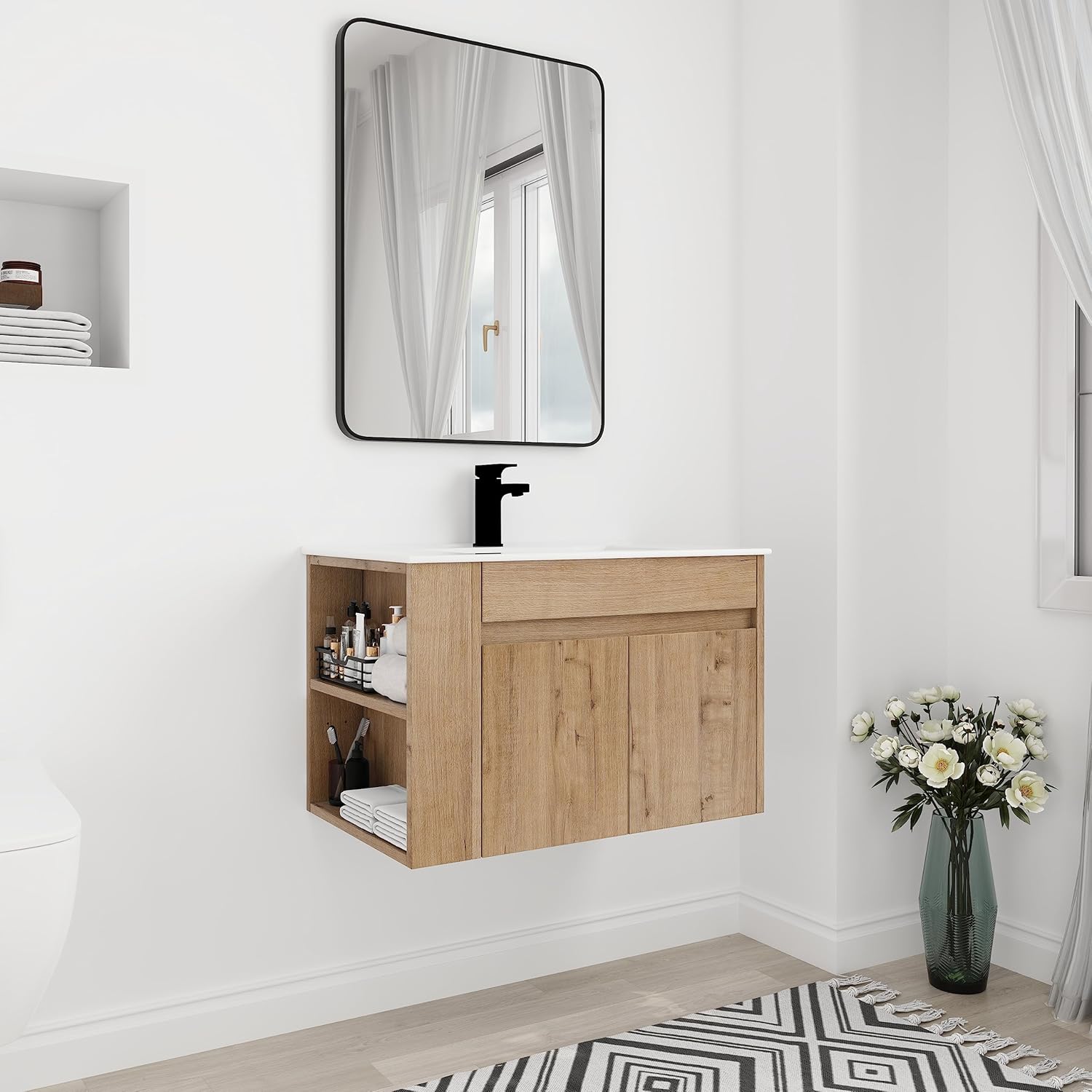30 in Wall-Mounted Bathroom Vanity with Sink Combo, Modern Floating Bathroom Vanity Set with Ceramic Top Basin and 2 Door&Adjustable Shelf for Small Space, Brown