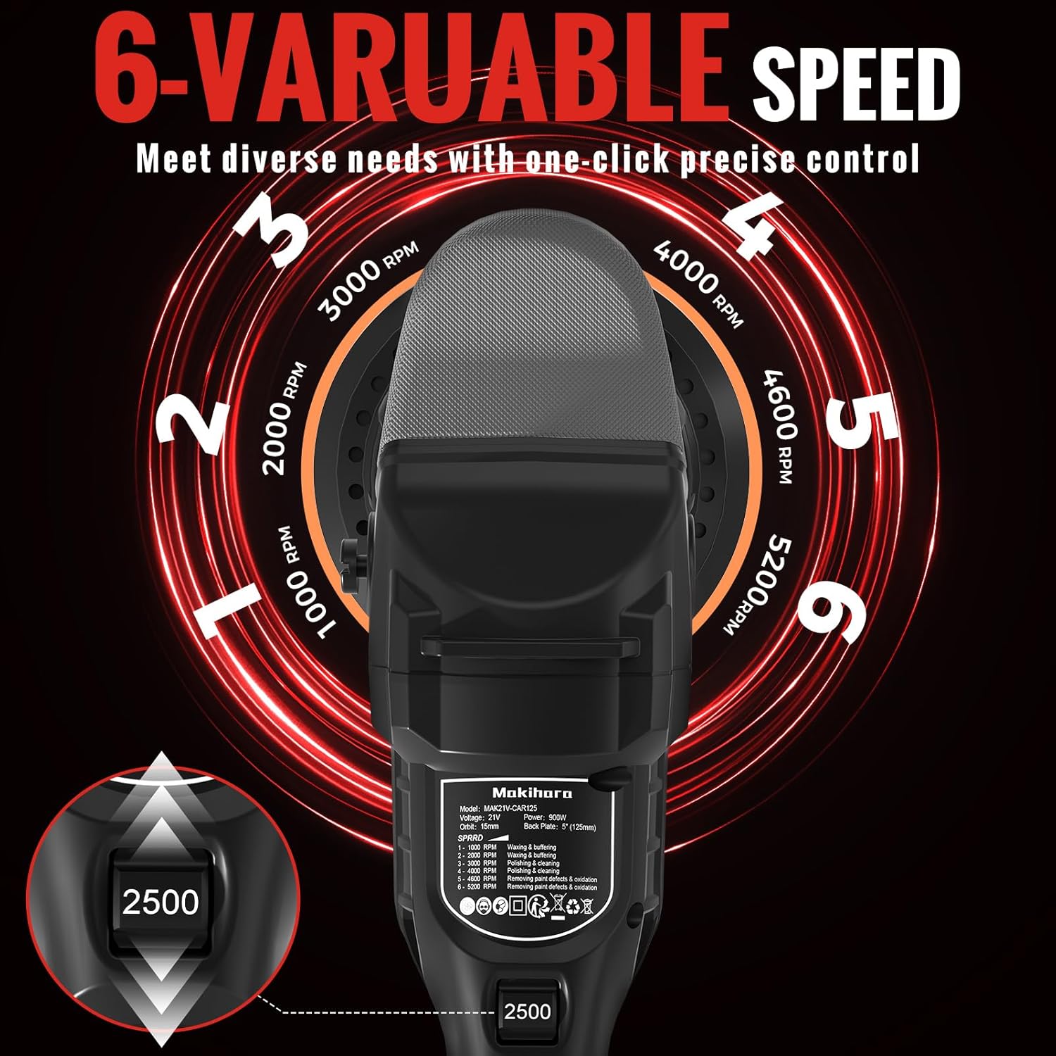 Cordless Buffer Polisher, 5 Inch Random Orbital Car Polisher, 6 Variable Speed 1000-5200 RPM, 21V 3.0Ah Batteries, 28Pcs Attachments, Polisher for Car Detailing, Boat Sanding, Scratch Removing