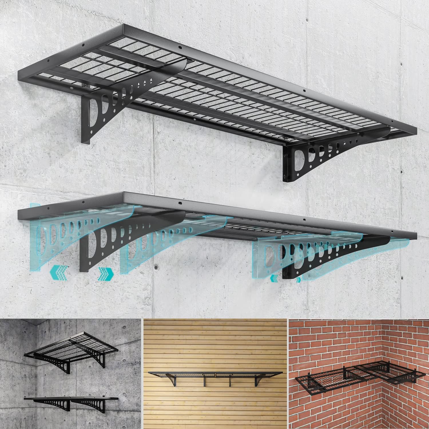 2-Pack 1.5×3.8ft Garage Wall Shelving, 18×45.6 inches Heavy Duty Wall Mounted Shelves, Garage Storage Shelf, 500 lbs Load Capacity, Black (Black, 2 Pcs 1.5 * 3.8 ft)