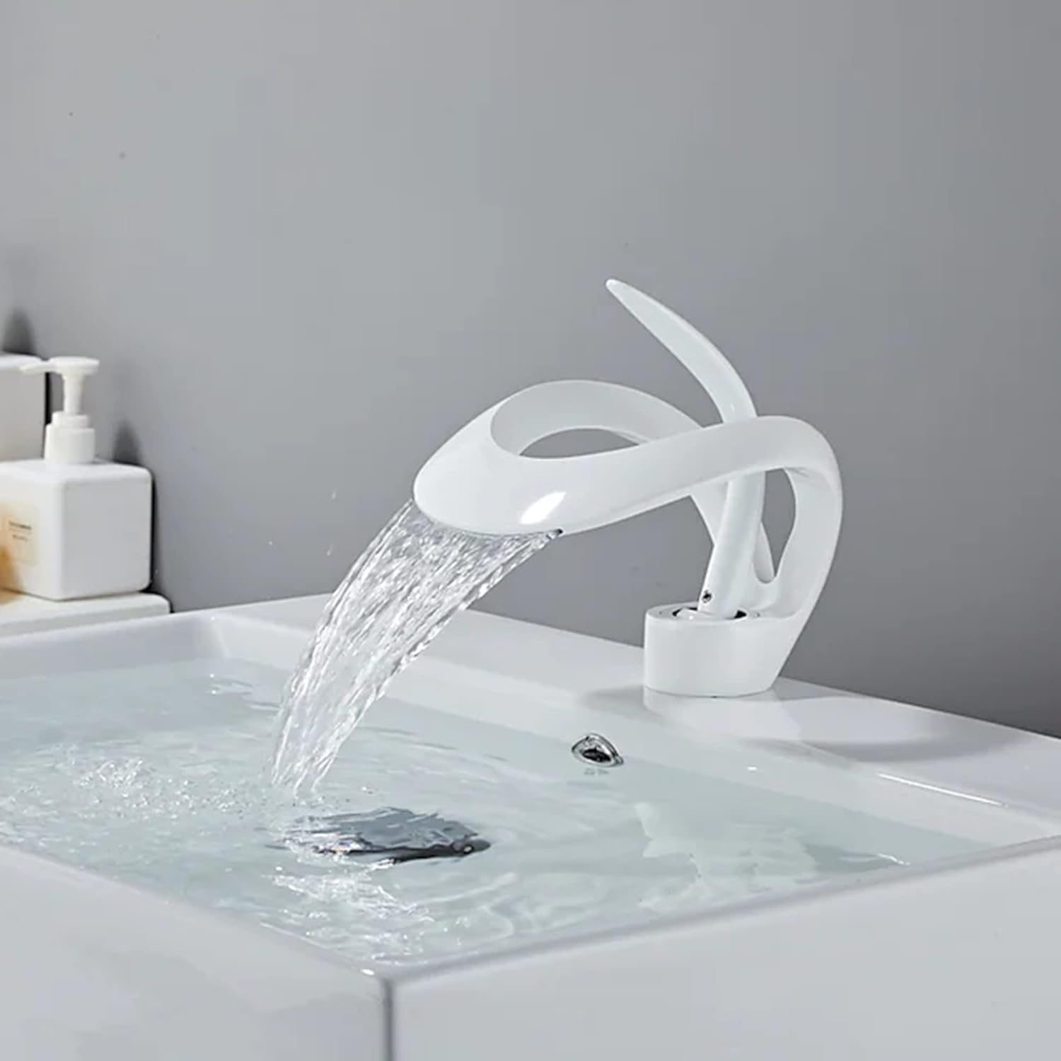 Bathroom Faucet,Brass Waterfall Widespread Single Handle One Hole Bathroom Tap with Hot and Cold Switch (White)